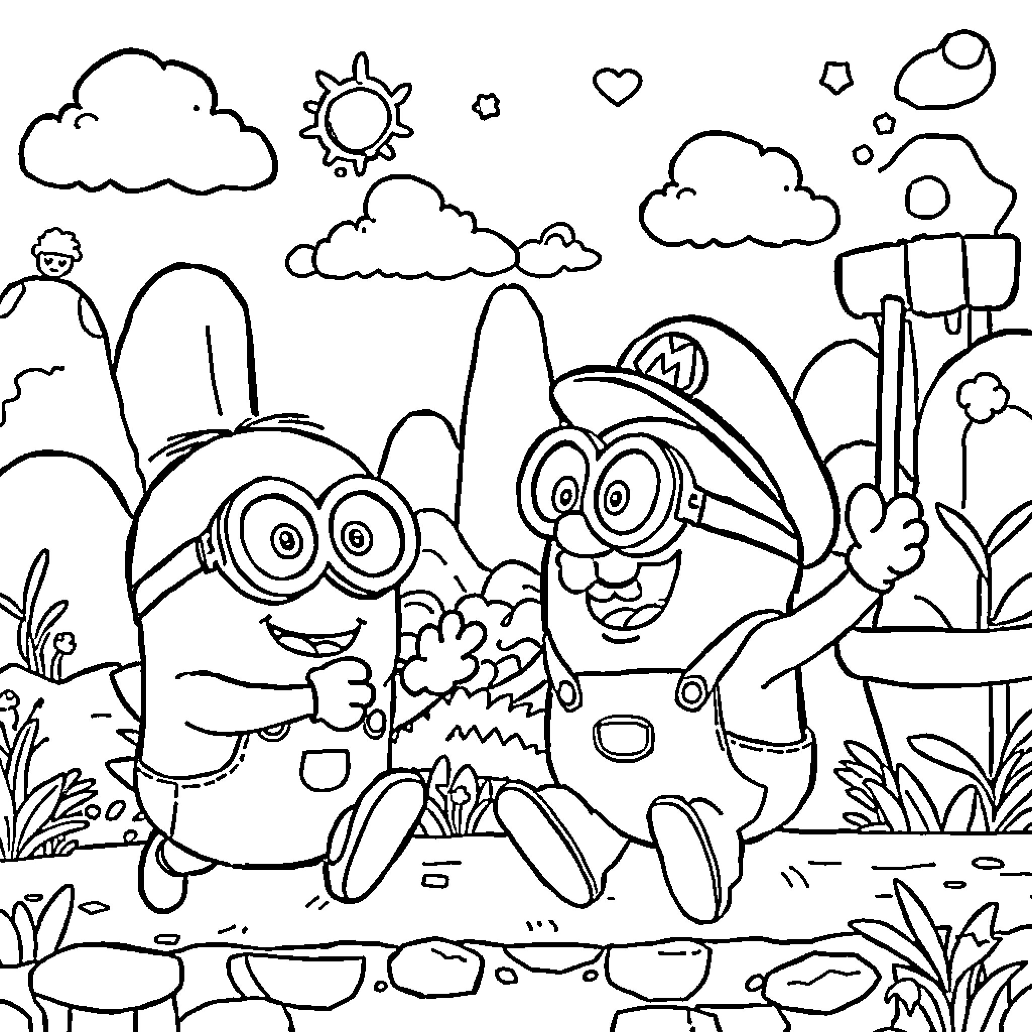 Minions enjoying outdoor adventure Coloring Page (free black-and-white line drawing printable PDF for all, from beginners to advanced learners, including children, teens, adults, and seniors)