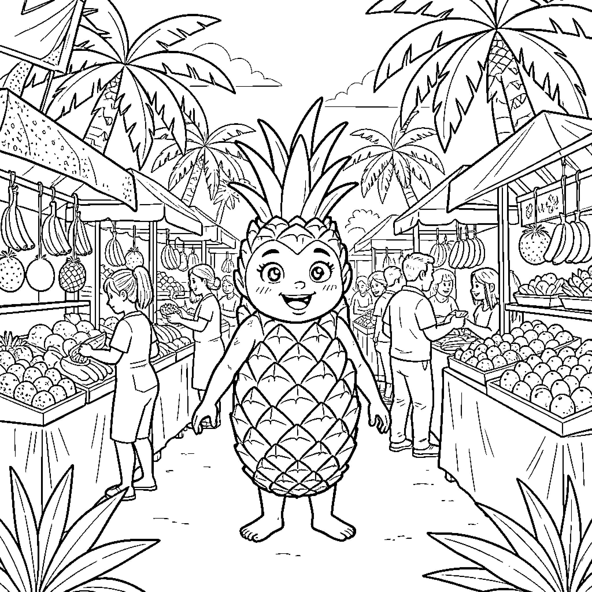 Anana character smiling in a busy tropical fruit market Coloring Page (free black-and-white line drawing printable PDF for all, from beginners to advanced learners, including children, teens, adults, and seniors)