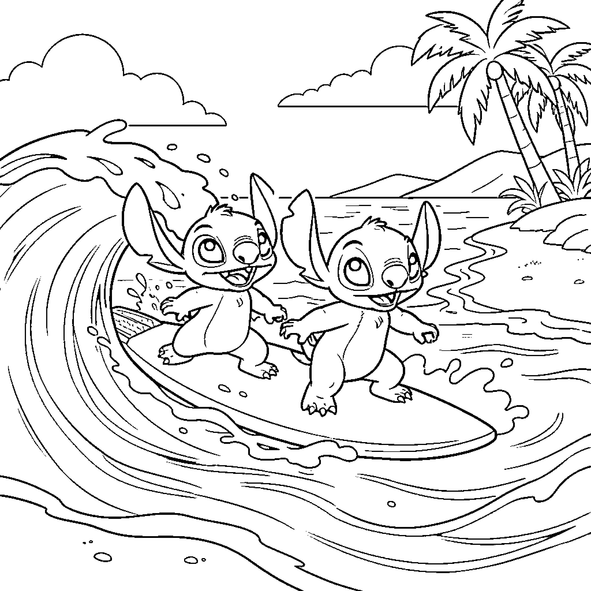 Lilo and Stitch surfing on the waves Coloring Page (free black-and-white line drawing printable PDF for all, from beginners to advanced learners, including children, teens, adults, and seniors)