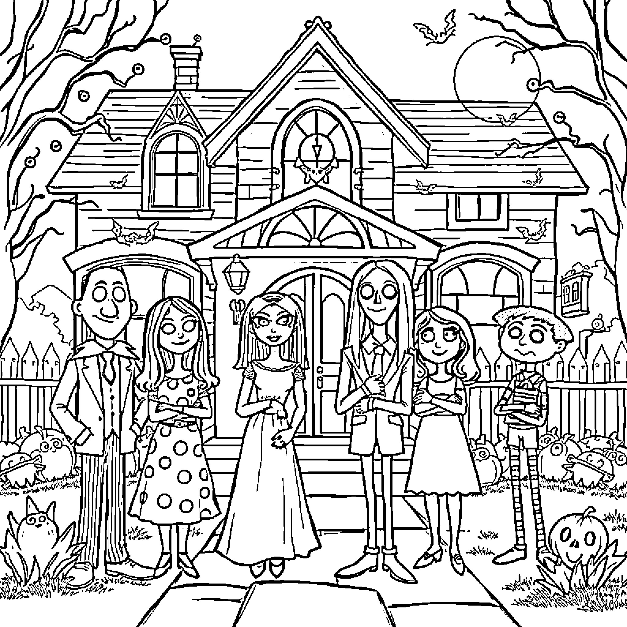 Bluey's Spooky Halloween House Adventure Coloring Page (free black-and-white line drawing printable PDF for all, from beginners to advanced learners, including children, teens, adults, and seniors)