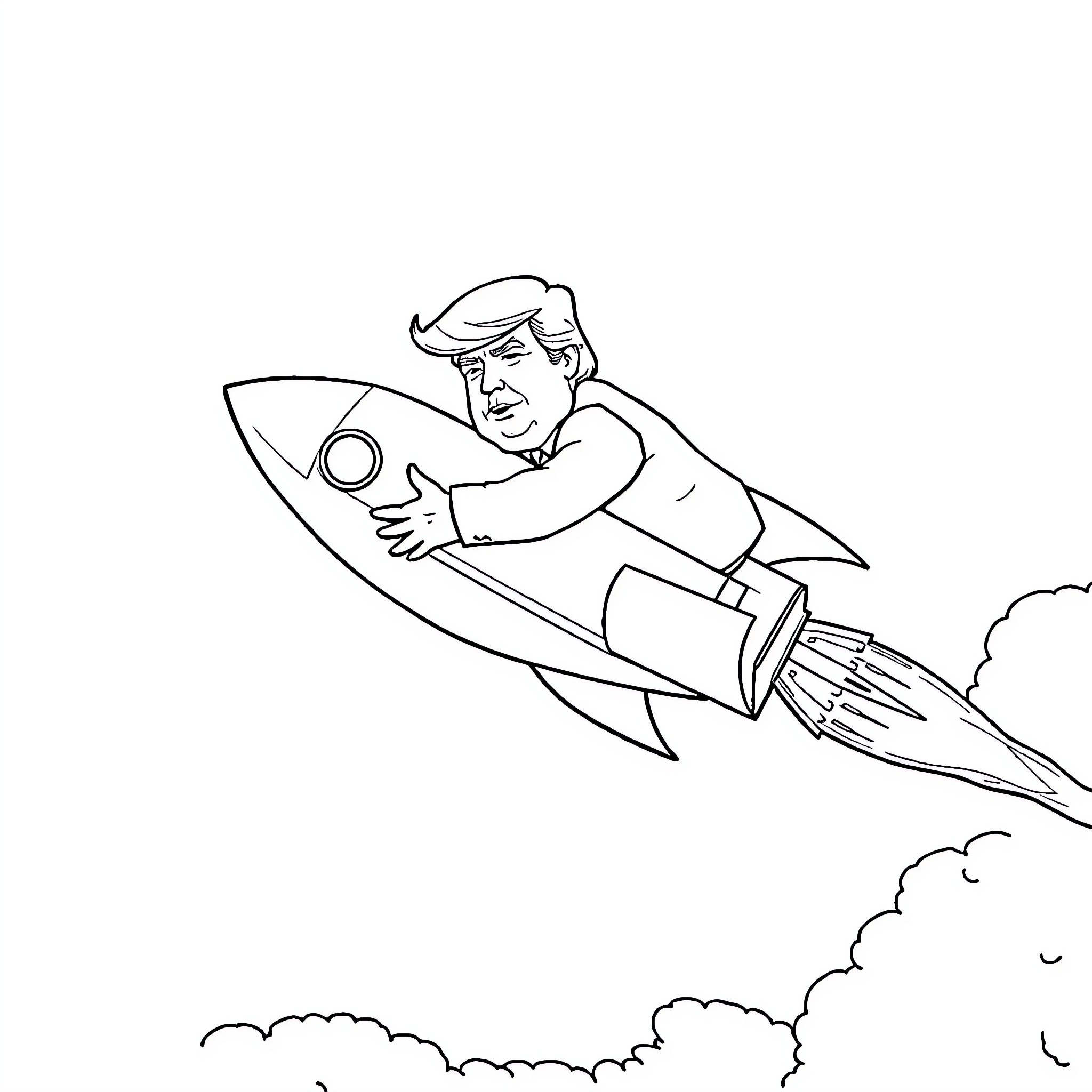 Donald Trump riding a rocket ship Coloring Page (free black-and-white line drawing printable PDF for all, from beginners to advanced learners, including children, teens, adults, and seniors)