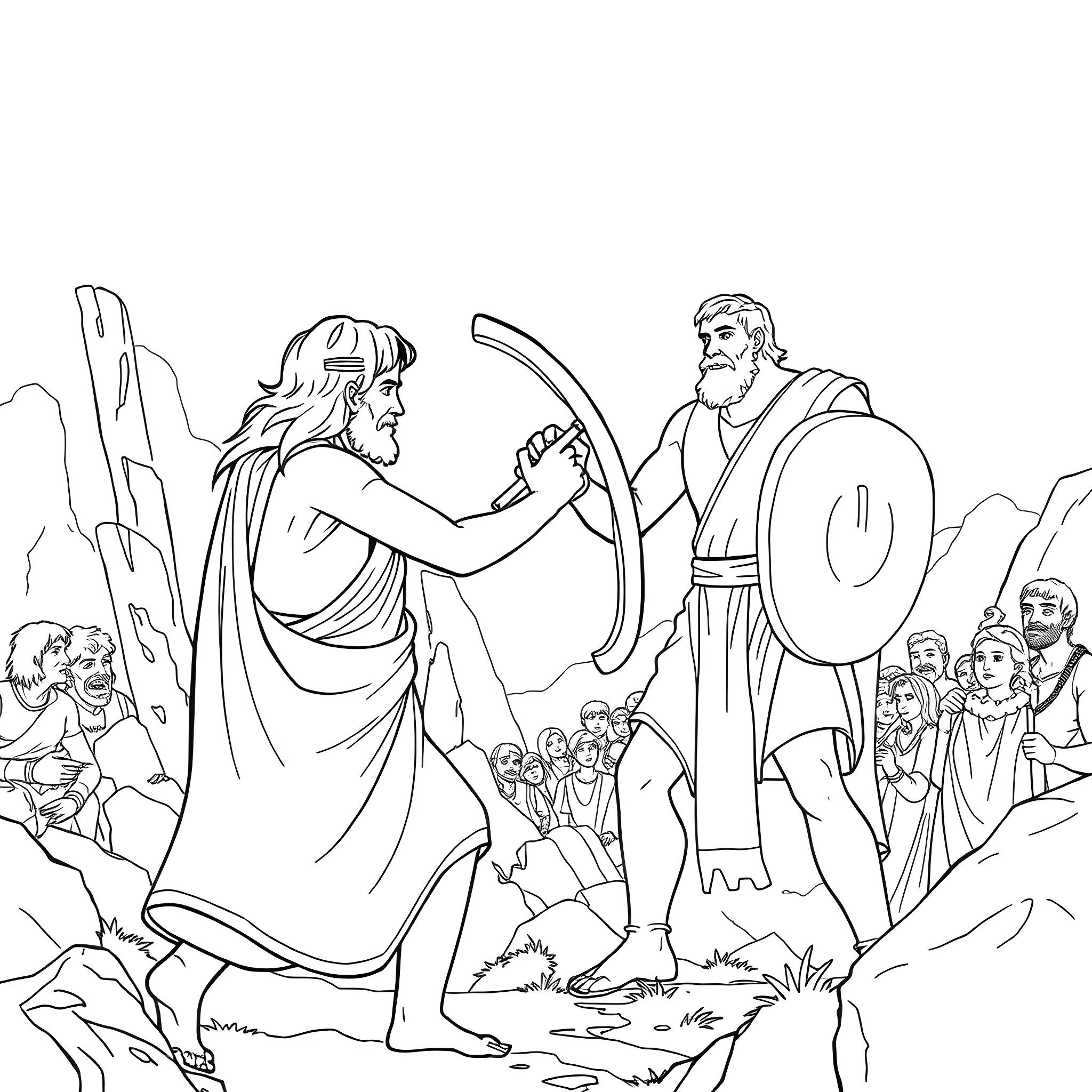 David's Encounter with Elder Statesman in the Wilderness Coloring Page (free black-and-white line drawing printable PDF for all, from beginners to advanced learners, including children, teens, adults, and seniors)