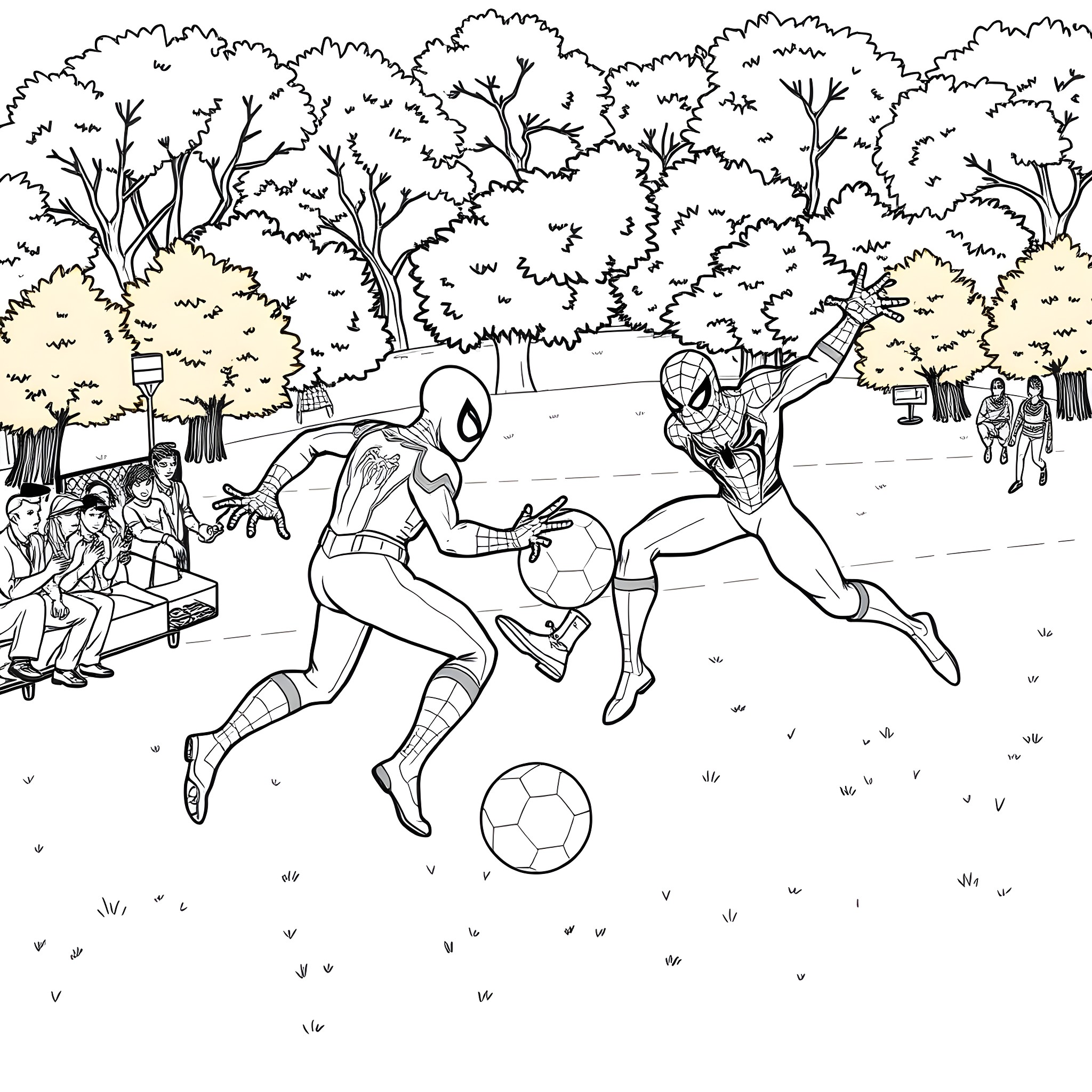 Spiderman playing soccer with friends in the park Coloring Page (free black-and-white line drawing printable PDF for all, from beginners to advanced learners, including children, teens, adults, and seniors)