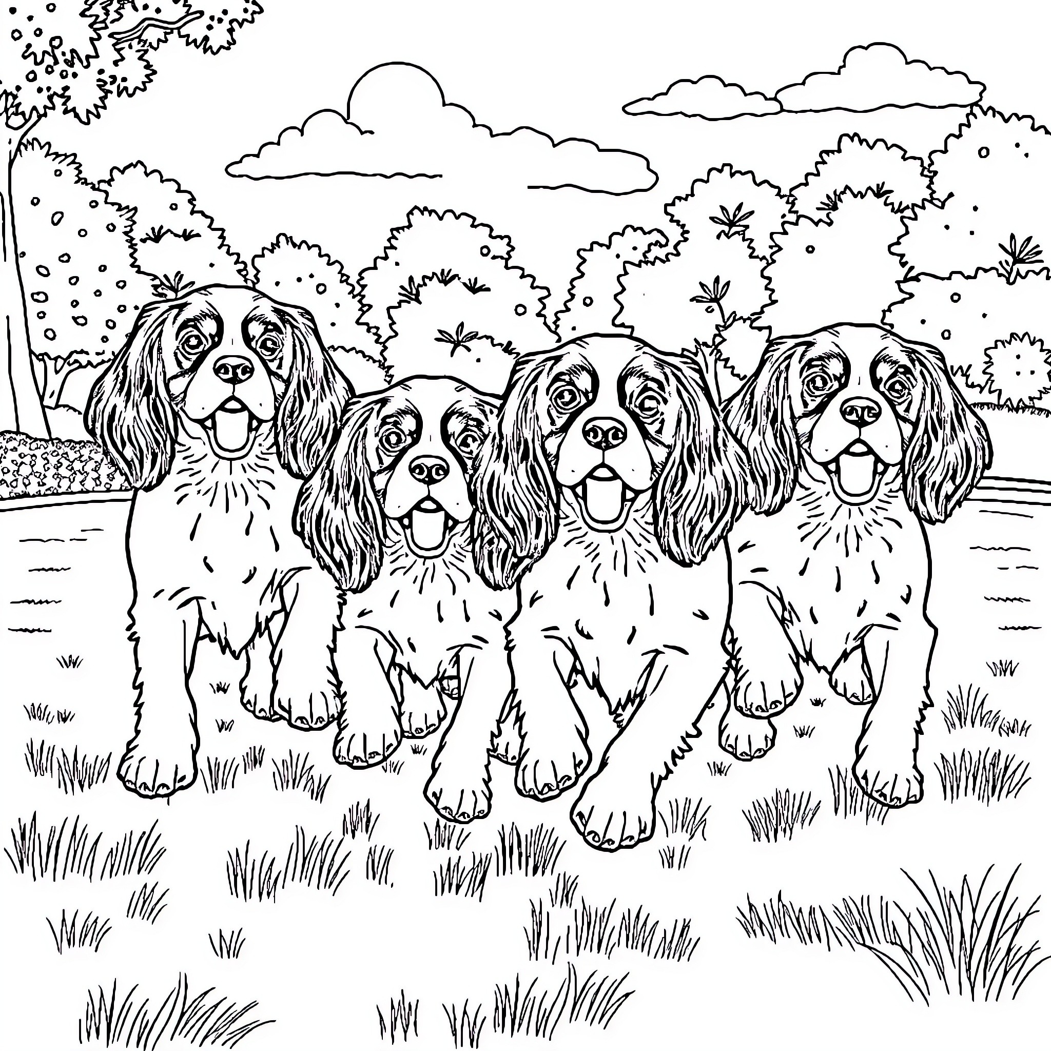 Cavalier King Charles Spaniels in Outdoor Nature Scene Coloring Page (free black-and-white line drawing printable PDF for all, from beginners to advanced learners, including children, teens, adults, and seniors)