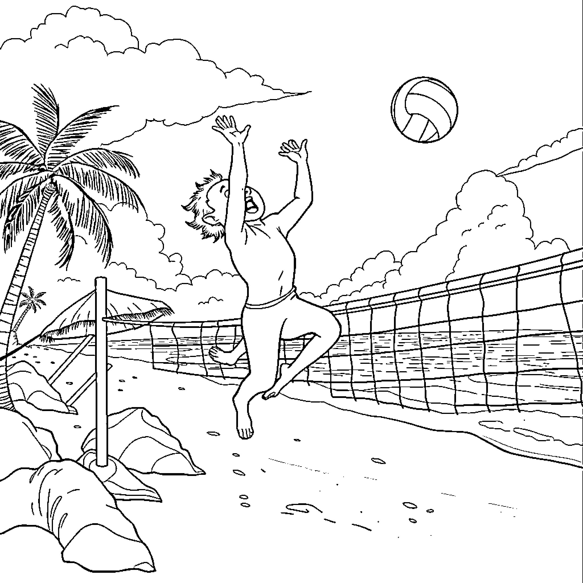 Rumi playing volleyball at the tropical beach Coloring Page (free black-and-white line drawing printable PDF for all, from beginners to advanced learners, including children, teens, adults, and seniors)