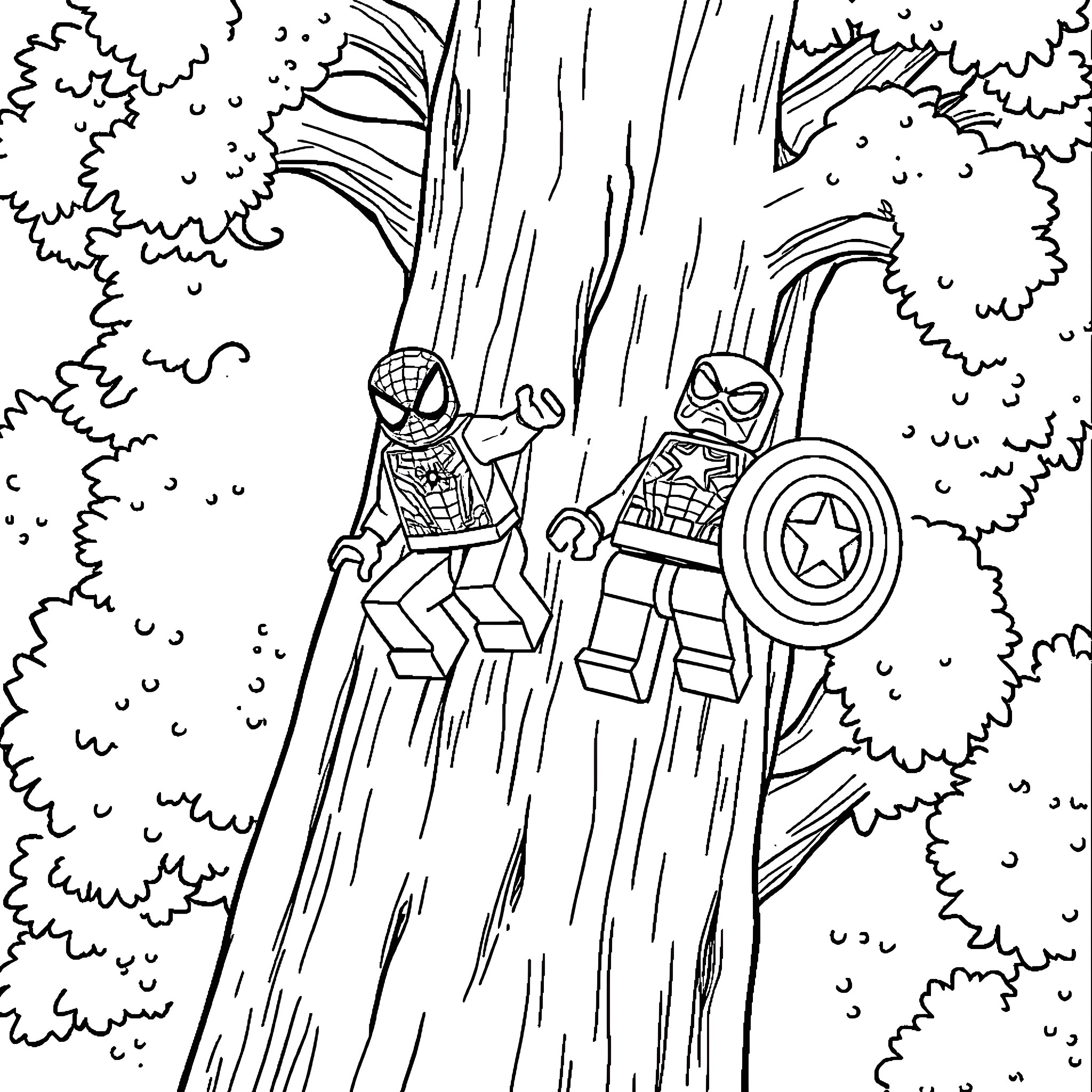 Spider-heroes scaling a tree Coloring Page (free black-and-white line drawing printable PDF for all, from beginners to advanced learners, including children, teens, adults, and seniors)