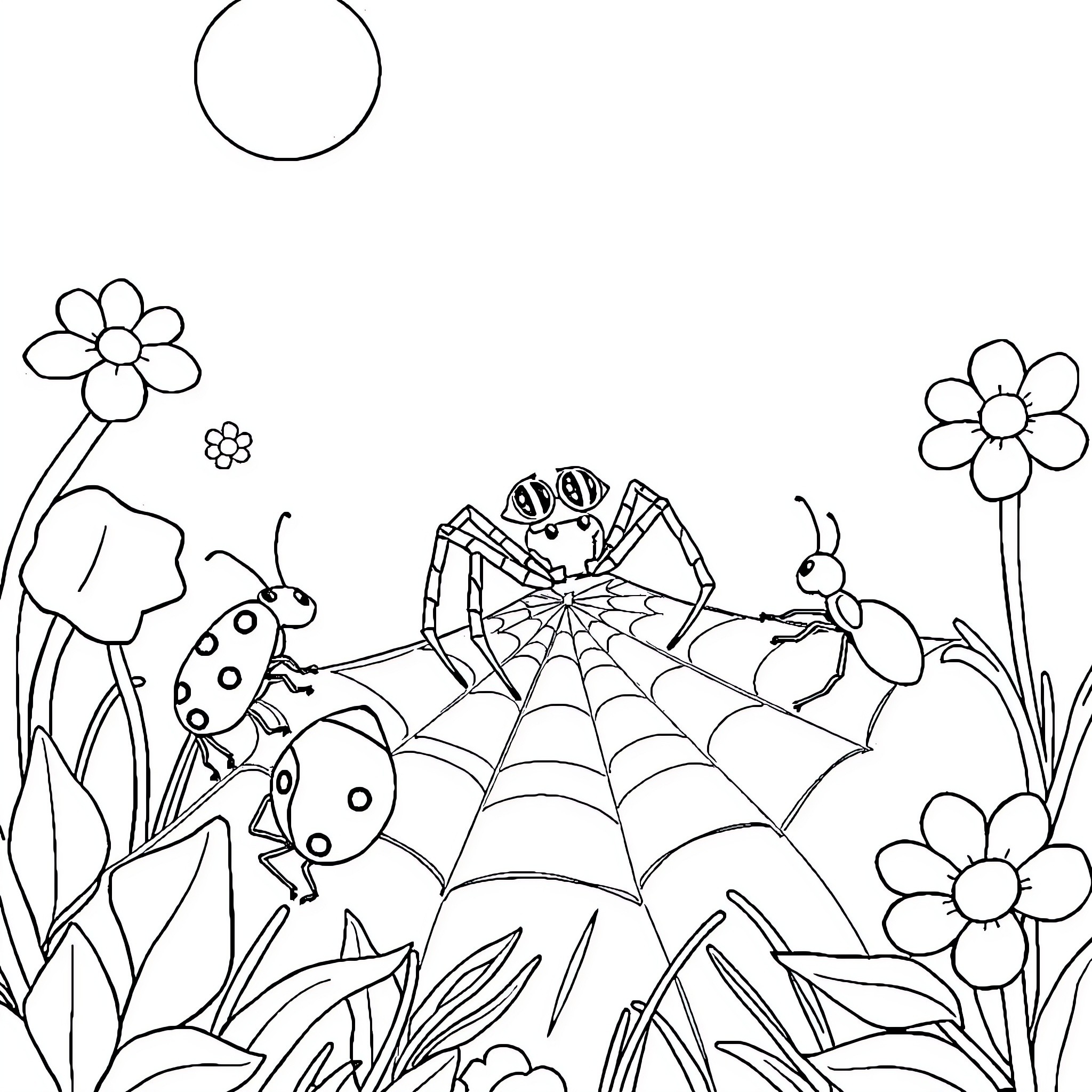 Spider weaving web in garden with flowers Coloring Page (free black-and-white line drawing printable PDF for all, from beginners to advanced learners, including children, teens, adults, and seniors)