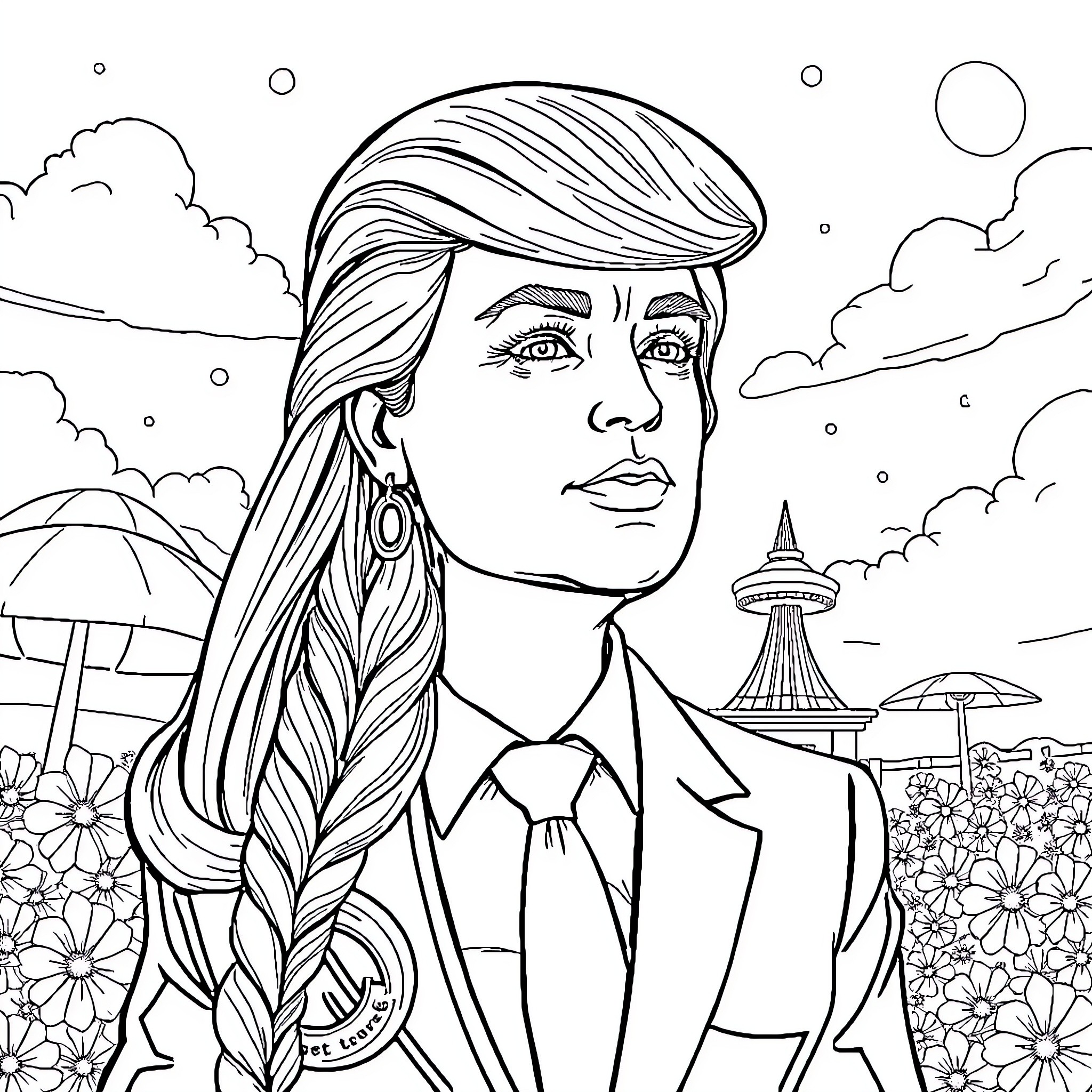 Donald Trump's Confident Stroll in a Whimsical Landscape Coloring Page (free black-and-white line drawing printable PDF for all, from beginners to advanced learners, including children, teens, adults, and seniors)