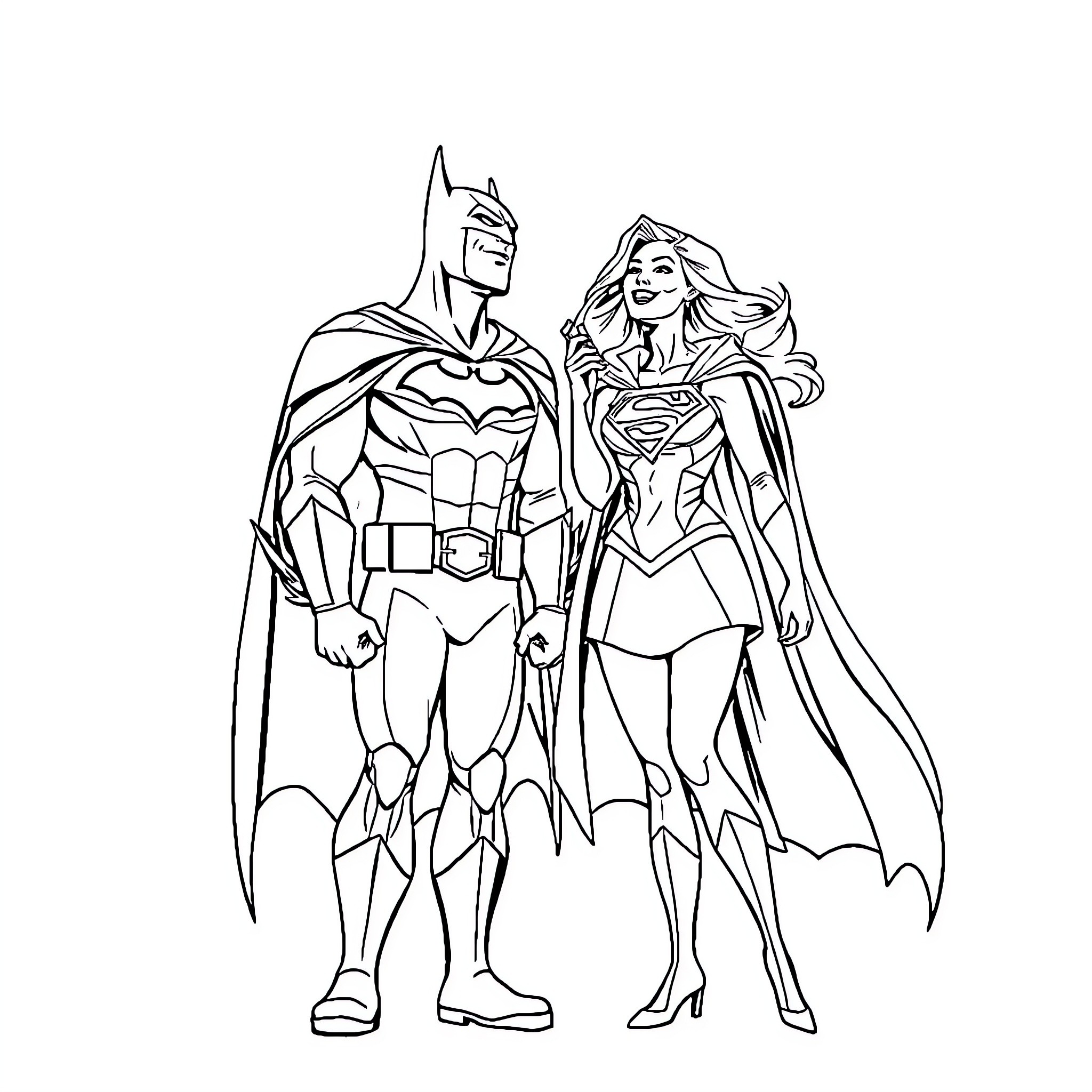 Batman and Supergirl standing together Coloring Page (free black-and-white line drawing printable PDF for all, from beginners to advanced learners, including children, teens, adults, and seniors)