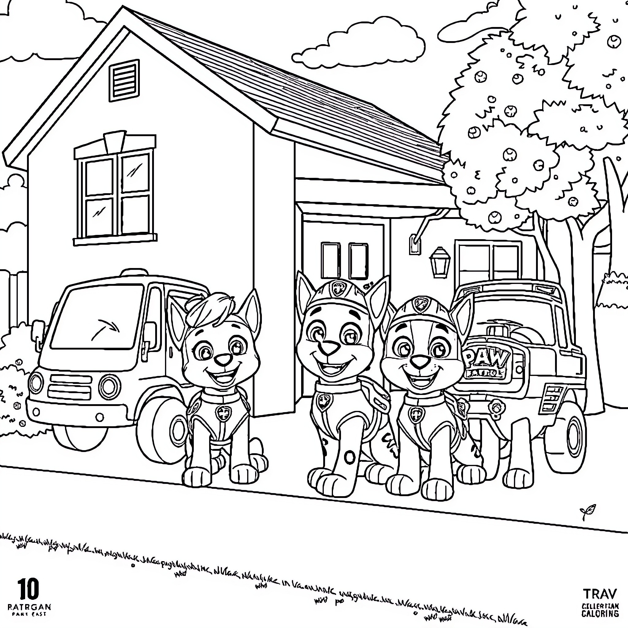 Paw Patrol Rescue Vehicles and Puppies in Action Coloring Page (free black-and-white line drawing printable PDF for all, from beginners to advanced learners, including children, teens, adults, and seniors)