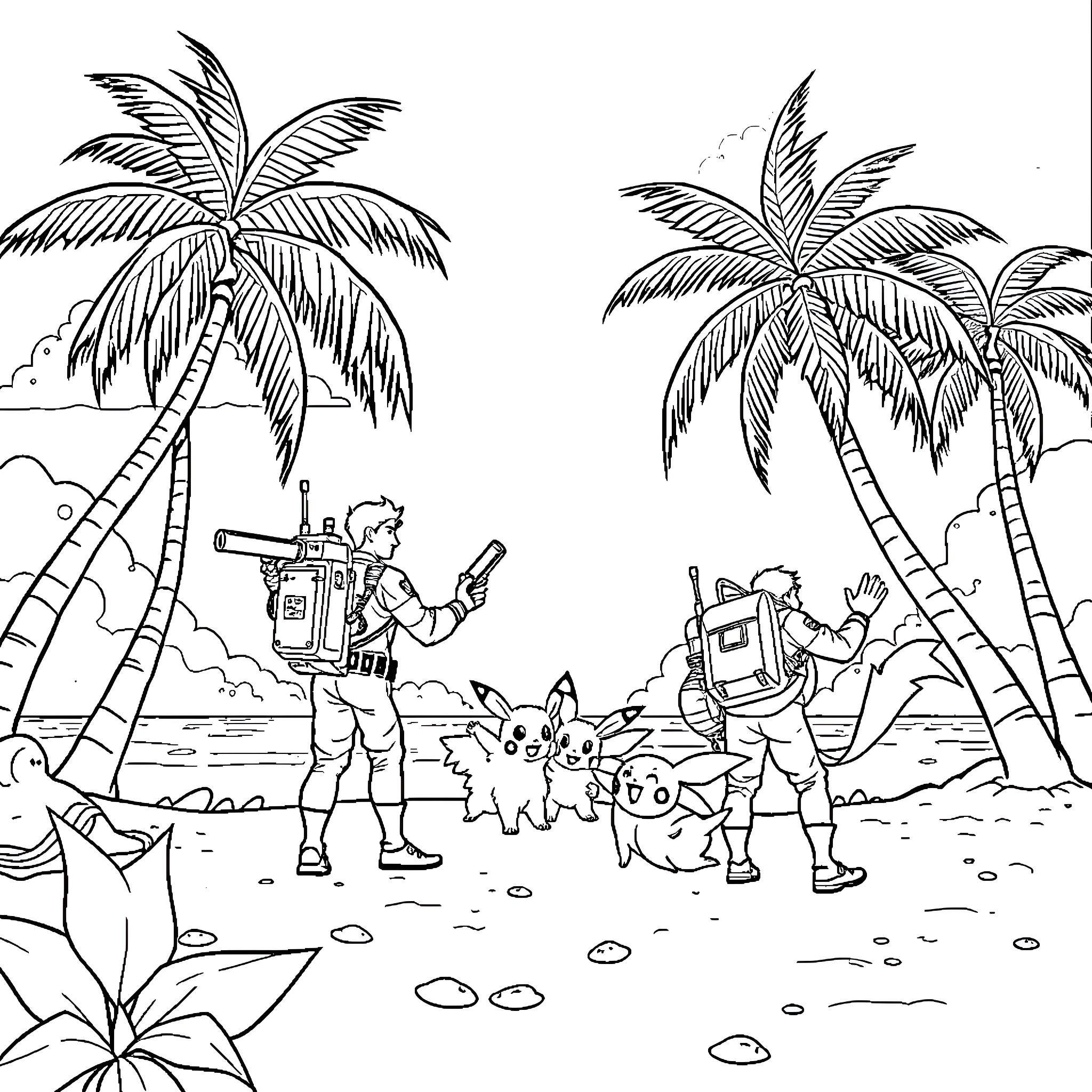 Ghostbusters explore tropical paradise with Pokémon companions Coloring Page (free black-and-white line drawing printable PDF for all, from beginners to advanced learners, including children, teens, adults, and seniors)