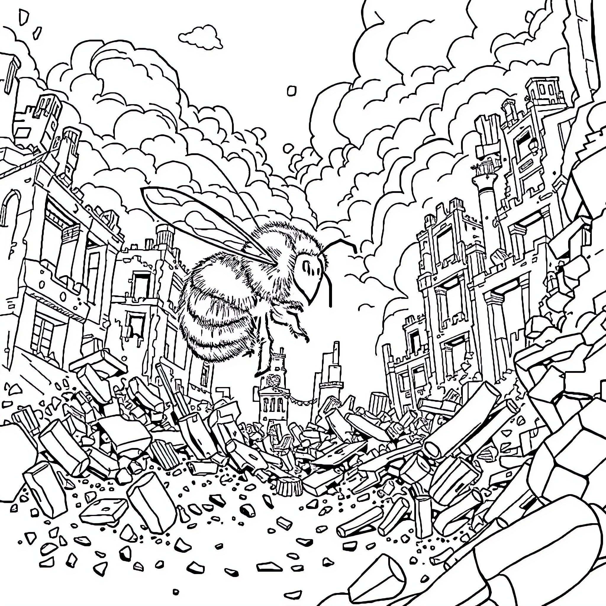 Bumblebee rampaging through a destroyed city Coloring Page (free black-and-white line drawing printable PDF for all, from beginners to advanced learners, including children, teens, adults, and seniors)
