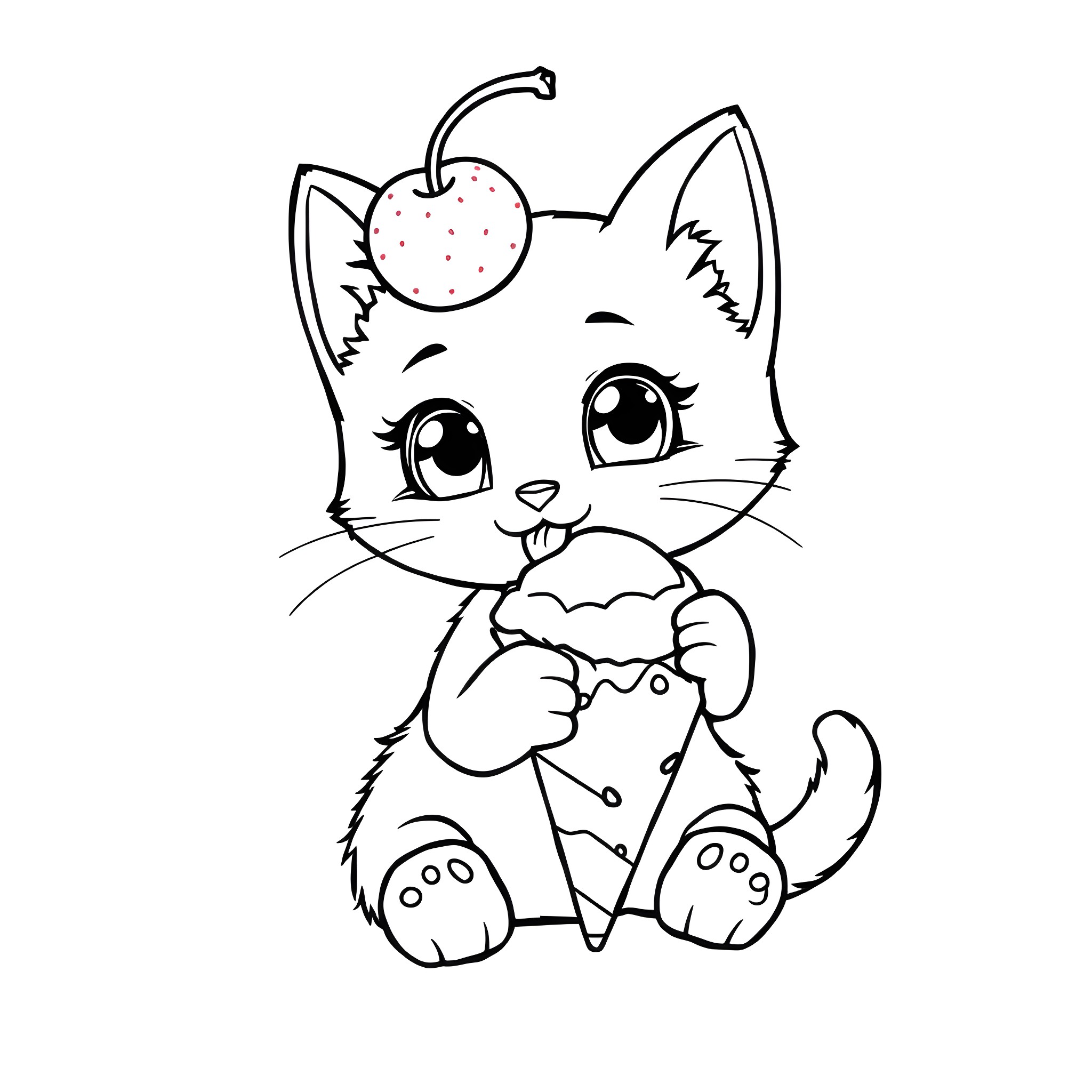 Bitsy the cute kitten enjoying a cherry treat Coloring Page (free black-and-white line drawing printable PDF for all, from beginners to advanced learners, including children, teens, adults, and seniors)