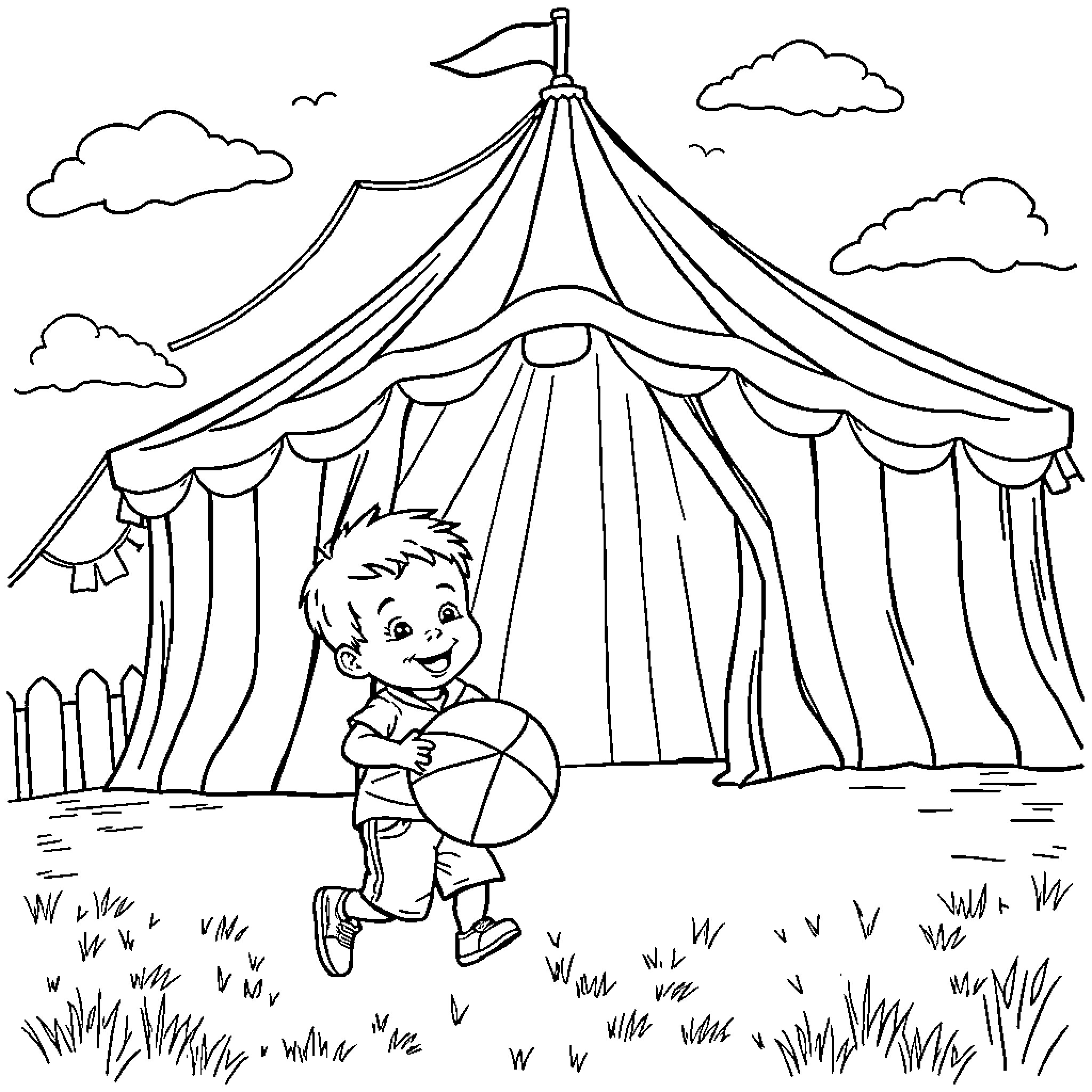 Kid playing joyfully at the circus tent Coloring Page (free black-and-white line drawing printable PDF for all, from beginners to advanced learners, including children, teens, adults, and seniors)