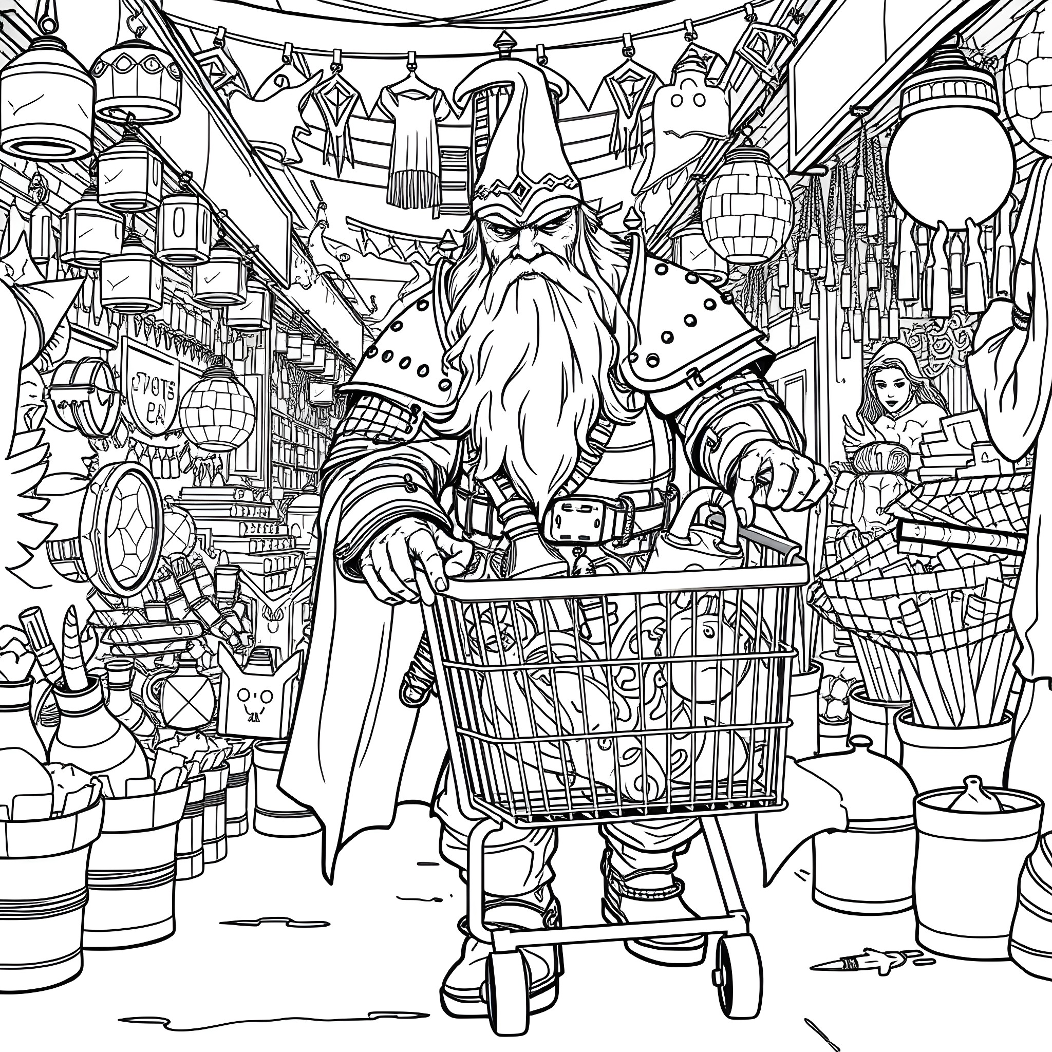 Gandalf's Magical Shopping Spree Coloring Page (free black-and-white line drawing printable PDF for all, from beginners to advanced learners, including children, teens, adults, and seniors)