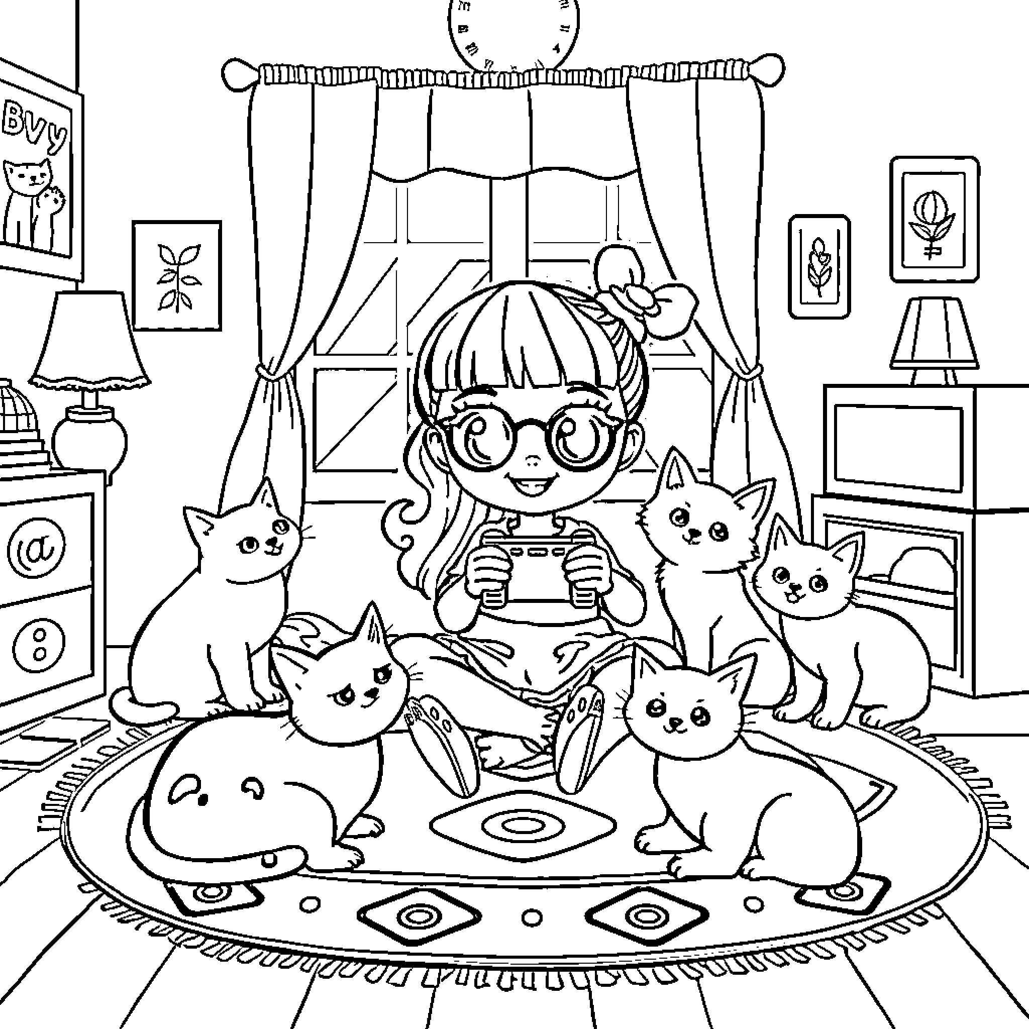 Gabby surrounded by playful cats in a cozy room Coloring Page (free black-and-white line drawing printable PDF for all, from beginners to advanced learners, including children, teens, adults, and seniors)