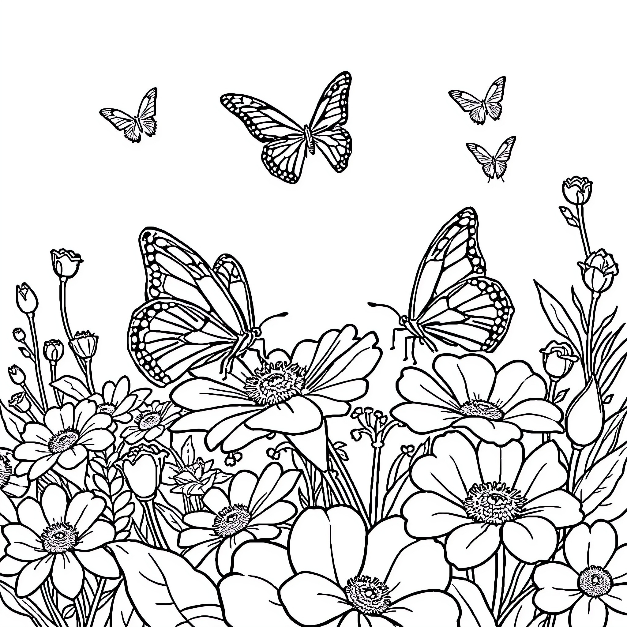 Butterfly Garden Filled with Flowers Coloring Page (free black-and-white line drawing printable PDF for all, from beginners to advanced learners, including children, teens, adults, and seniors)