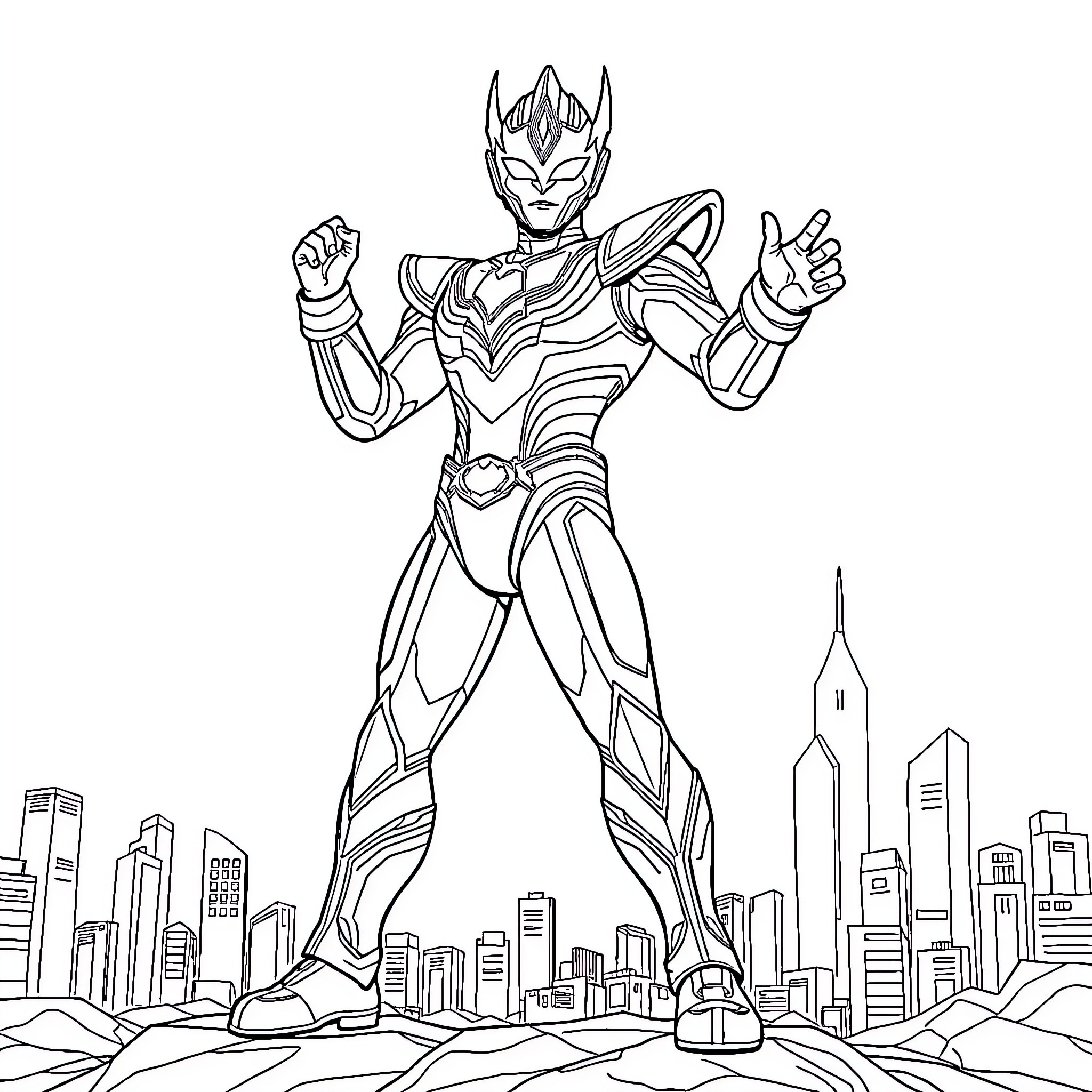 Ultraman Defending the City from Danger Coloring Page (free black-and-white line drawing printable PDF for all, from beginners to advanced learners, including children, teens, adults, and seniors)