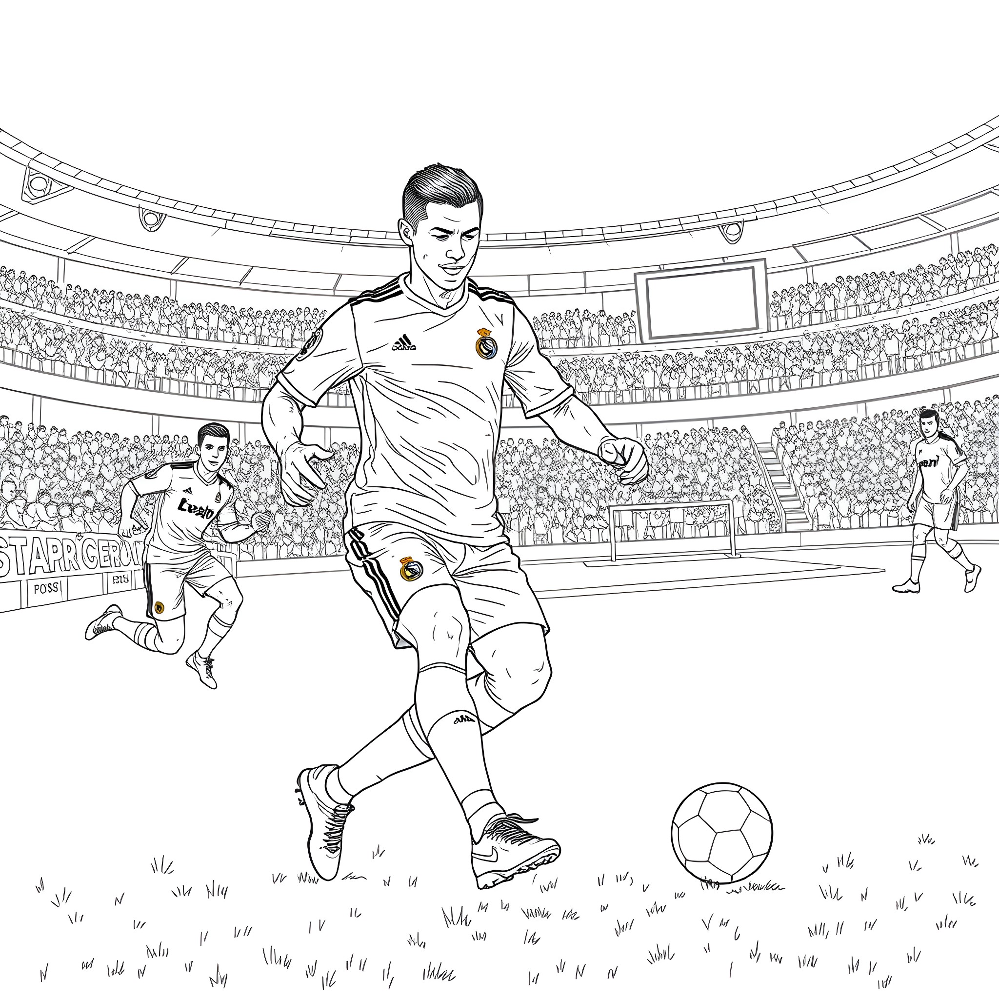 Cristiano Ronaldo playing football in the stadium Coloring Page (free black-and-white line drawing printable PDF for all, from beginners to advanced learners, including children, teens, adults, and seniors)