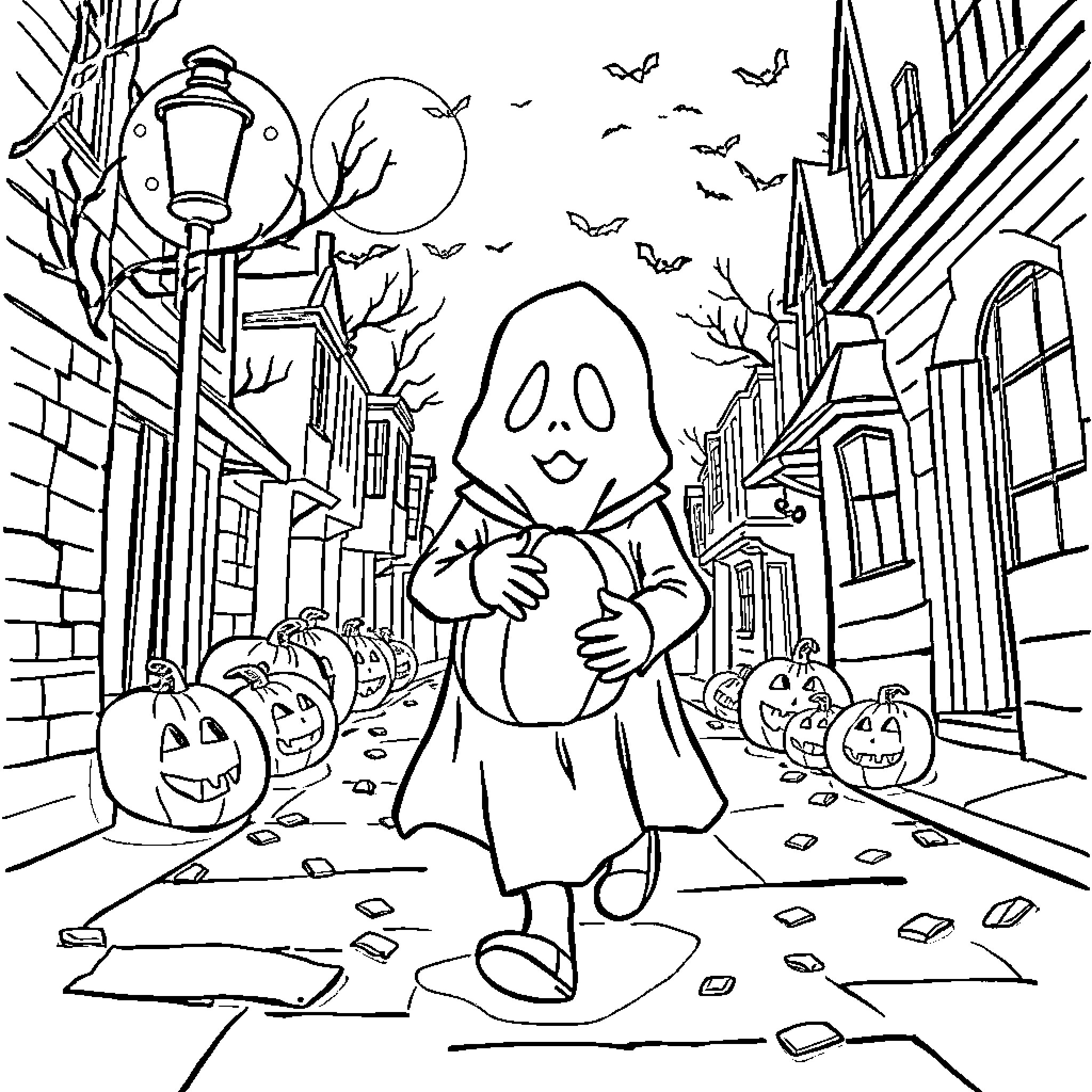 Ghostface Wandering Through Spooky Halloween Town Coloring Page (free black-and-white line drawing printable PDF for all, from beginners to advanced learners, including children, teens, adults, and seniors)