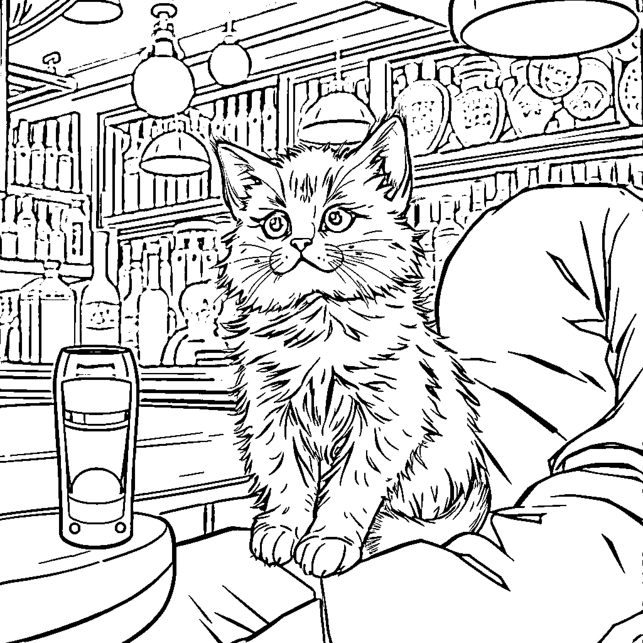 Kitten in cozy living room setting Coloring Page (free black-and-white line drawing printable PDF for all, from beginners to advanced learners, including children, teens, adults, and seniors)
