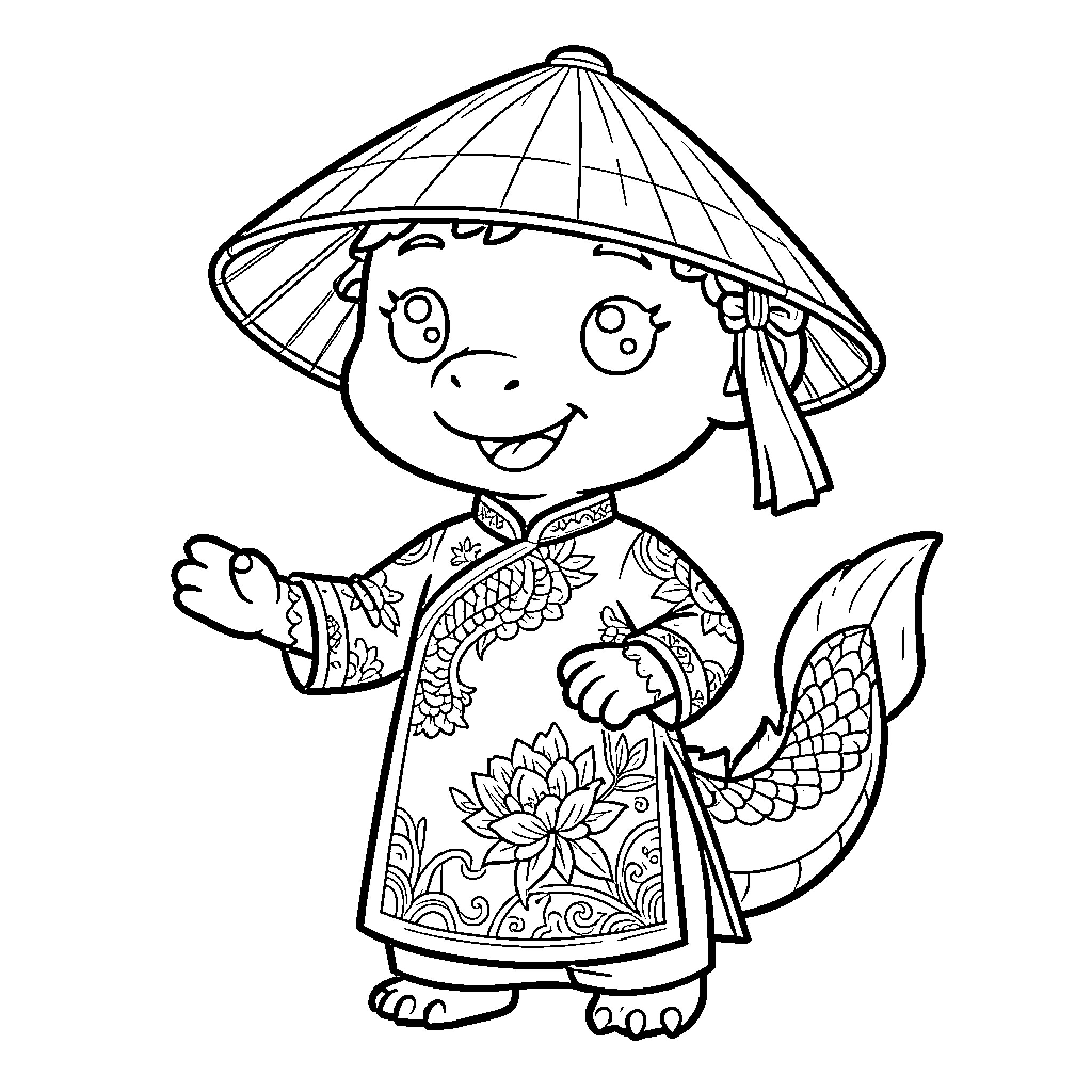 Dragon Mascot Happily Waving in Colorful Outfit Coloring Page (free black-and-white line drawing printable PDF for all, from beginners to advanced learners, including children, teens, adults, and seniors)