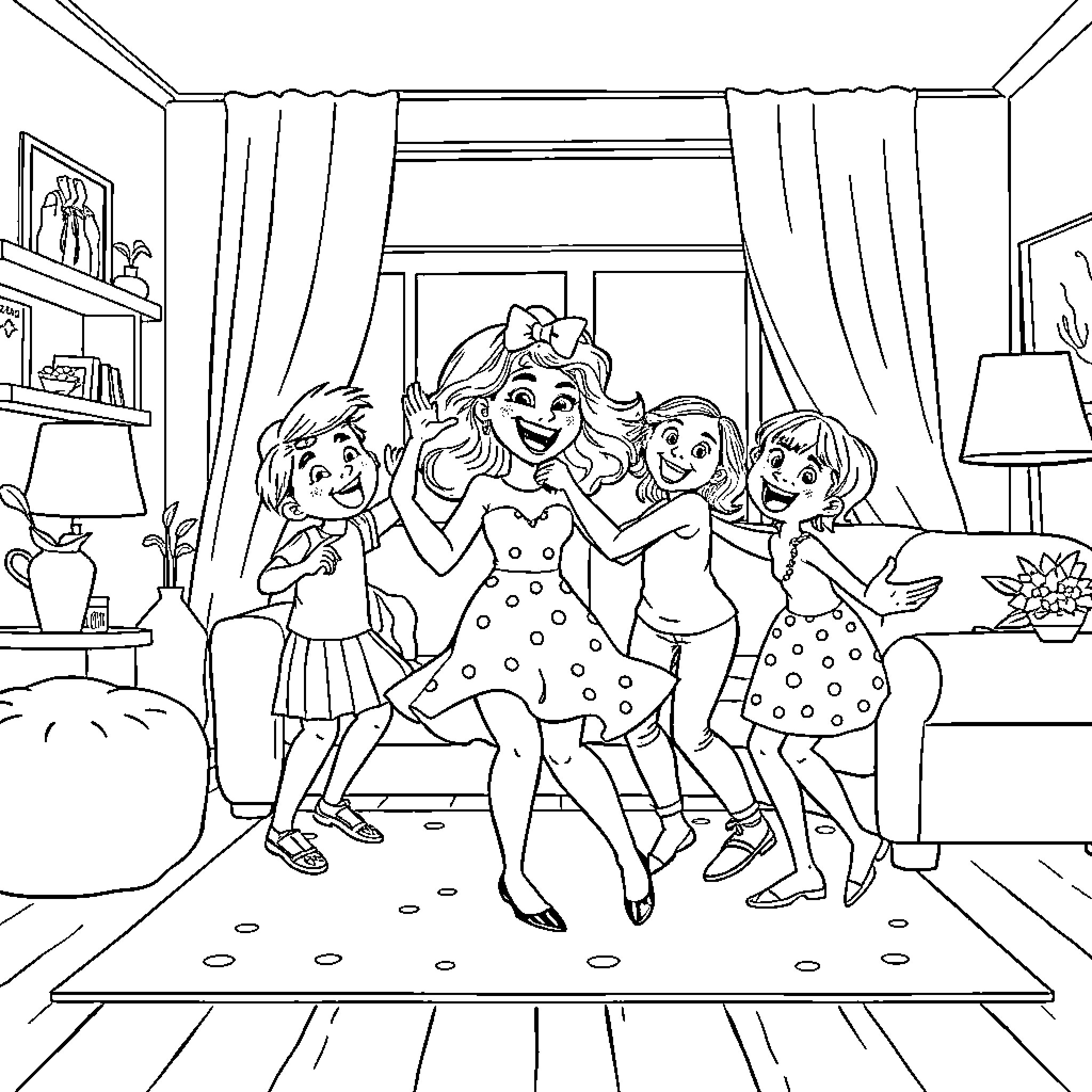 Bluey and family having a fun dance party Coloring Page (free black-and-white line drawing printable PDF for all, from beginners to advanced learners, including children, teens, adults, and seniors)