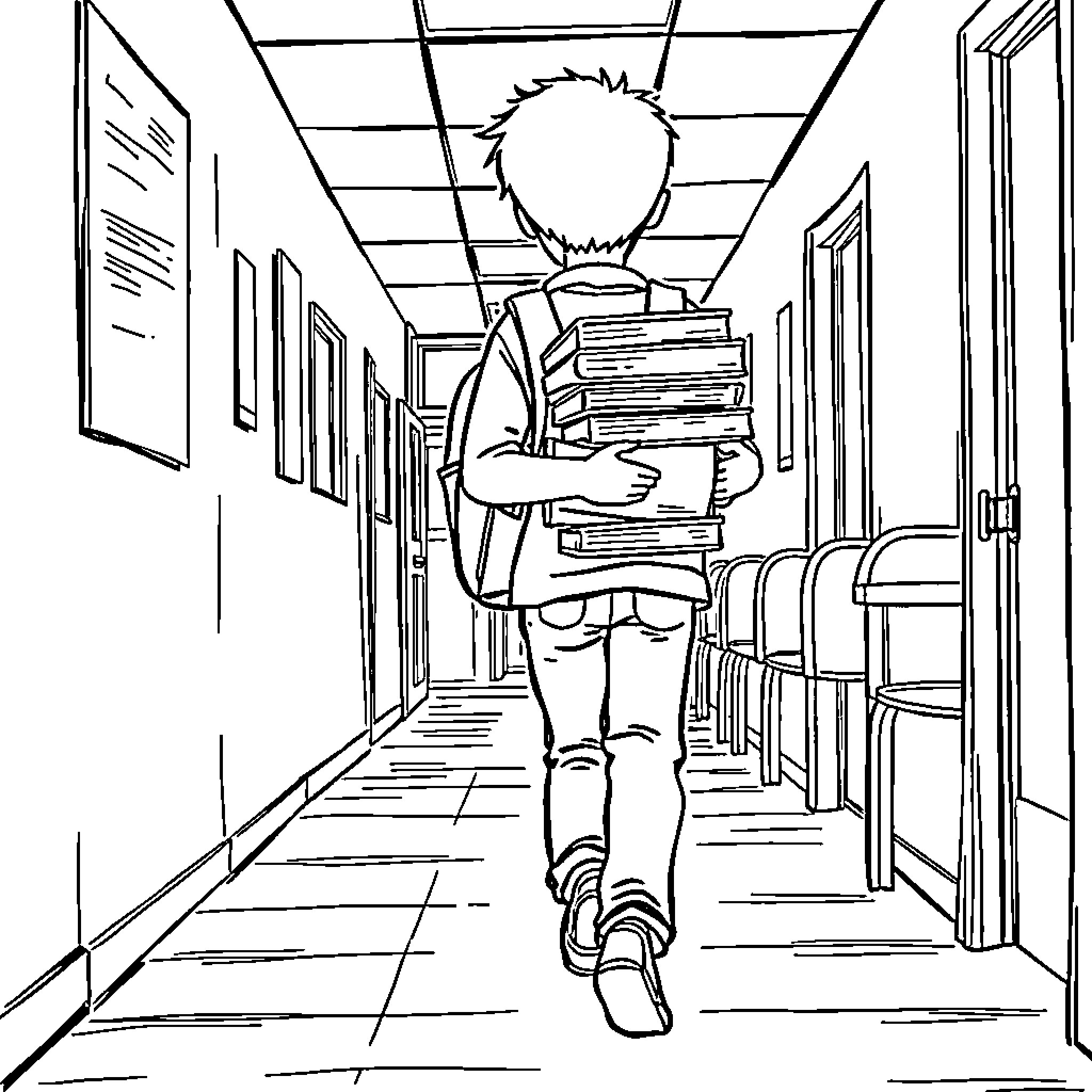 Student carrying heavy books in school hallway Coloring Page (free black-and-white line drawing printable PDF for all, from beginners to advanced learners, including children, teens, adults, and seniors)