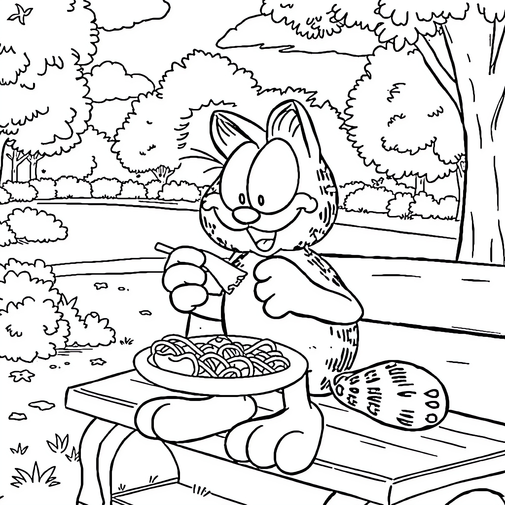 Garfield having a picnic in the park Coloring Page (free black-and-white line drawing printable PDF for all, from beginners to advanced learners, including children, teens, adults, and seniors)