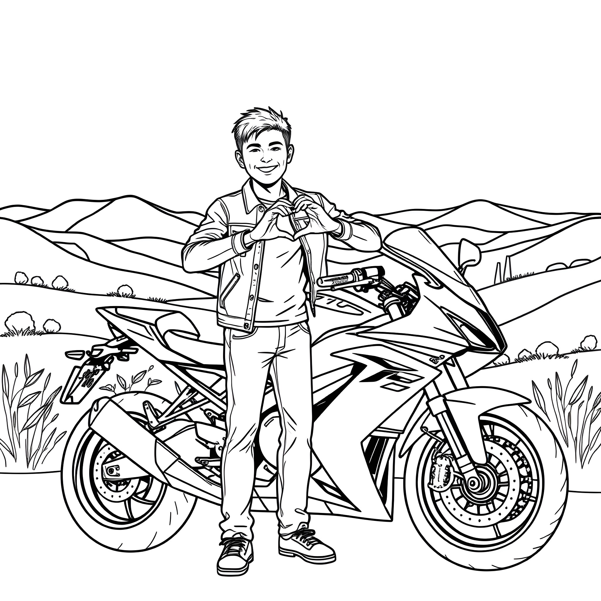 Guy riding motorcycle in countryside landscape Coloring Page (free black-and-white line drawing printable PDF for all, from beginners to advanced learners, including children, teens, adults, and seniors)