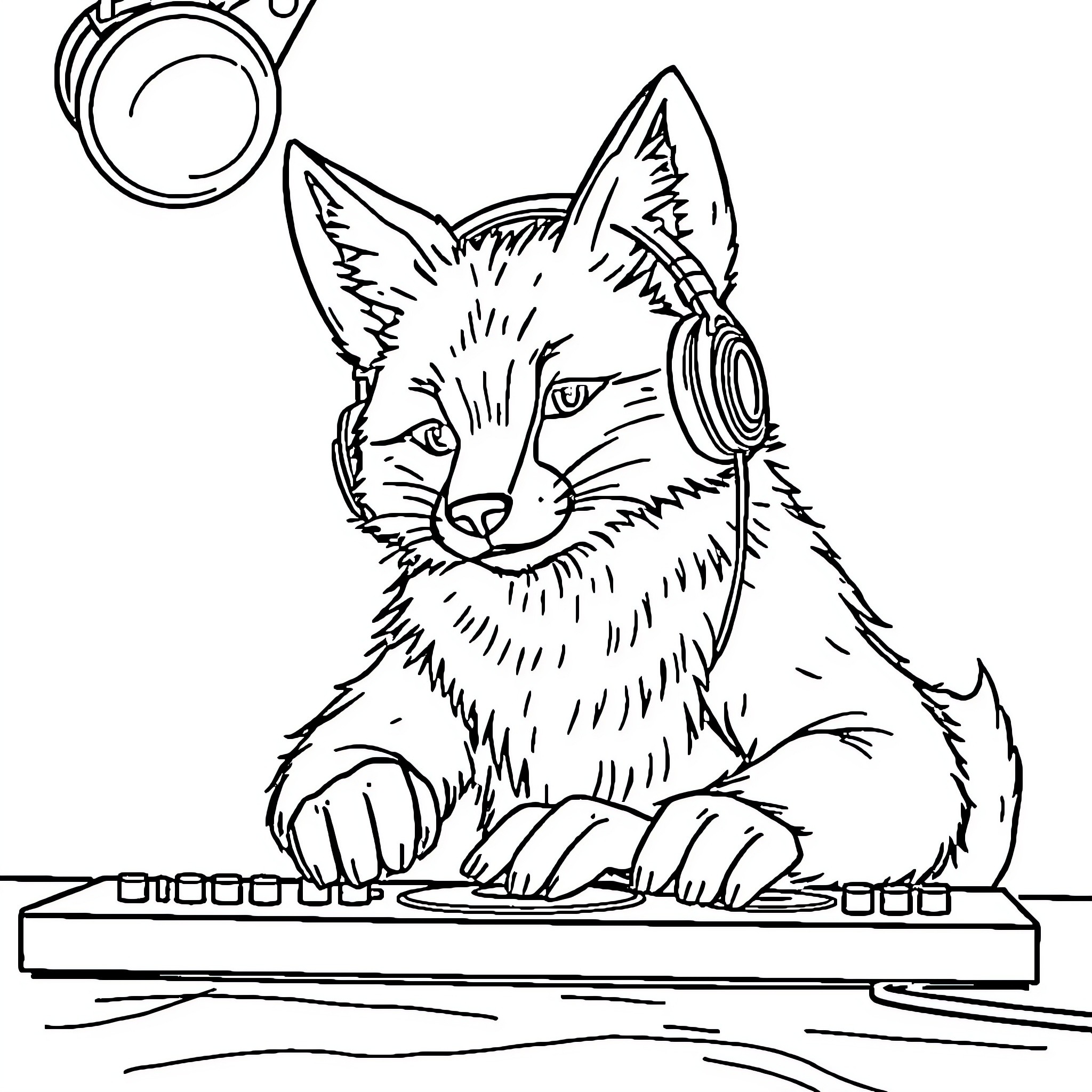 Fox playing with electronic device Coloring Page (free black-and-white line drawing printable PDF for all, from beginners to advanced learners, including children, teens, adults, and seniors)
