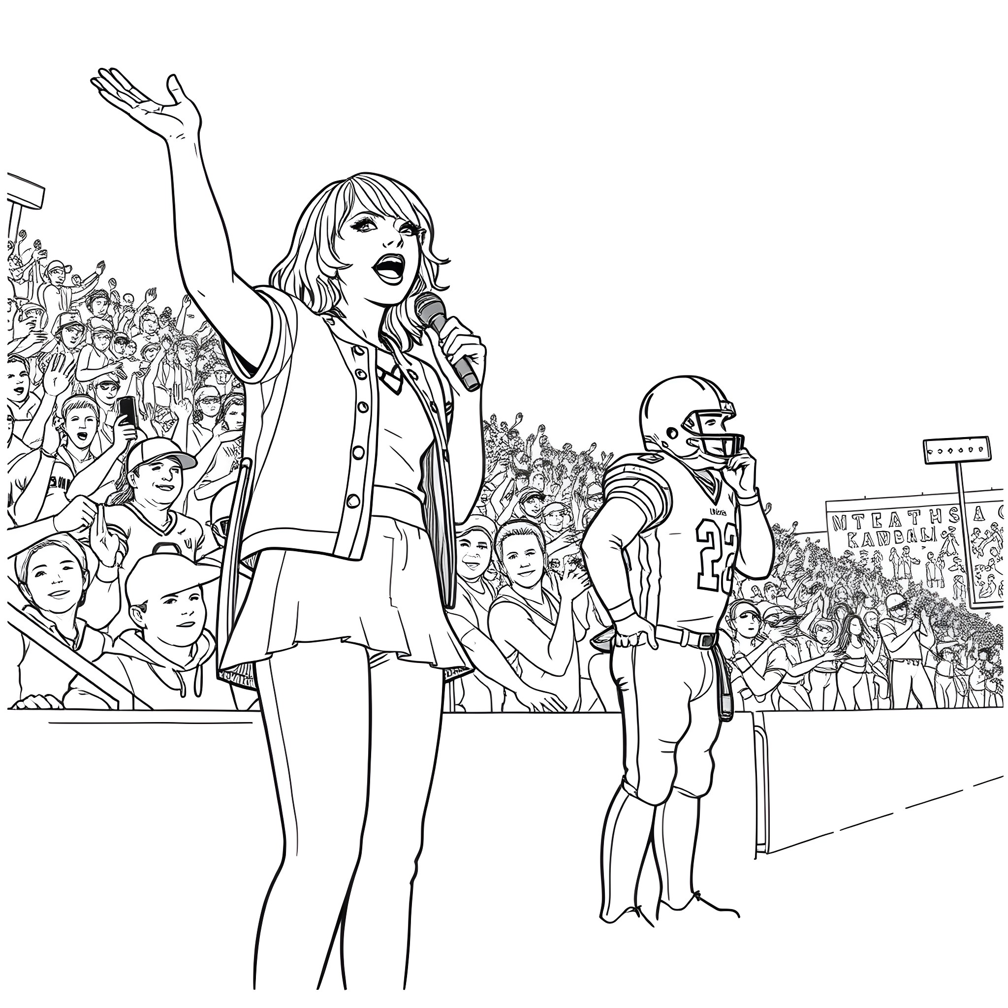 Taylor Swift Performing on Stage with Crowd Coloring Page (free black-and-white line drawing printable PDF for all, from beginners to advanced learners, including children, teens, adults, and seniors)