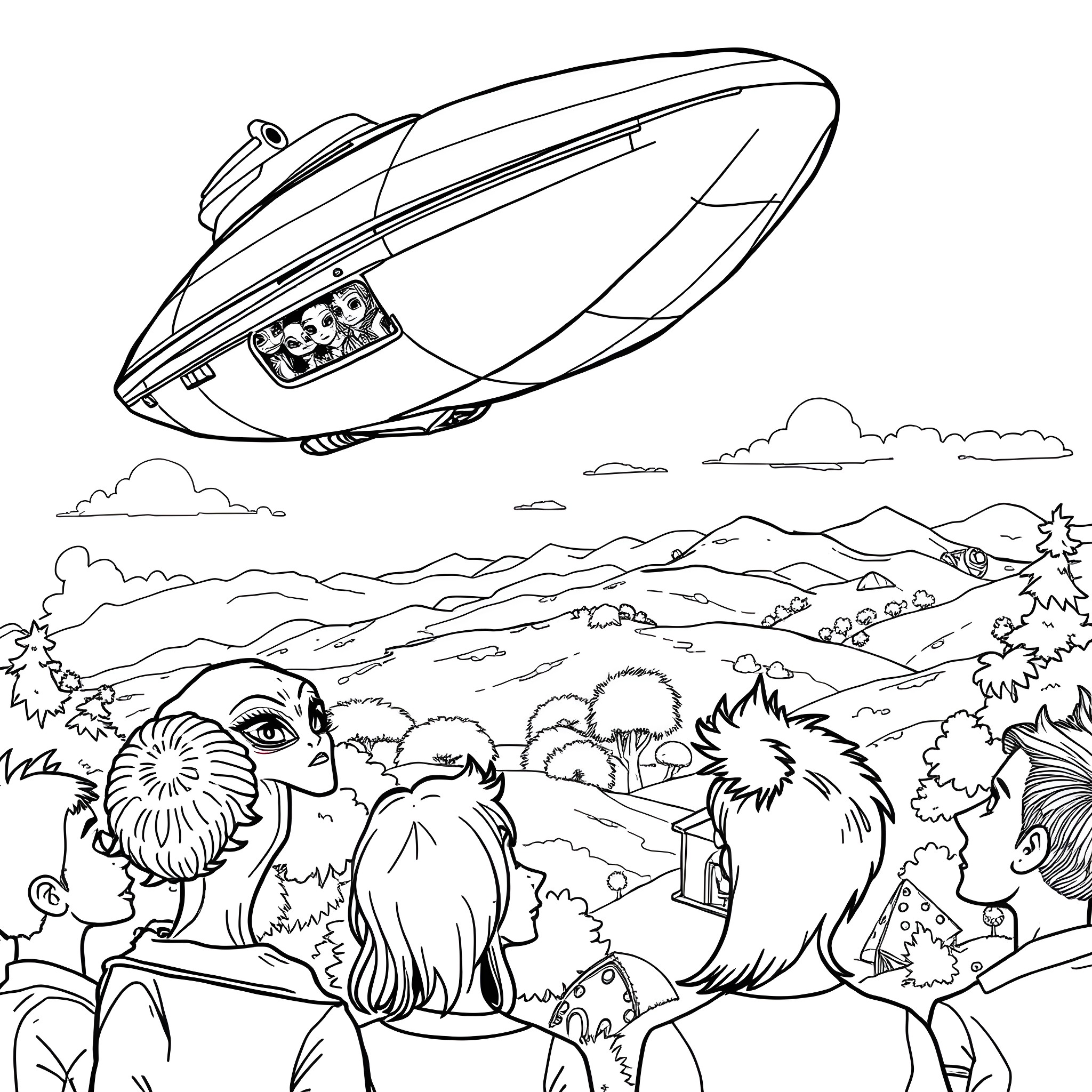 Alien spaceship hovering over a group of creatures in a rural landscape Coloring Page (free black-and-white line drawing printable PDF for all, from beginners to advanced learners, including children, teens, adults, and seniors)