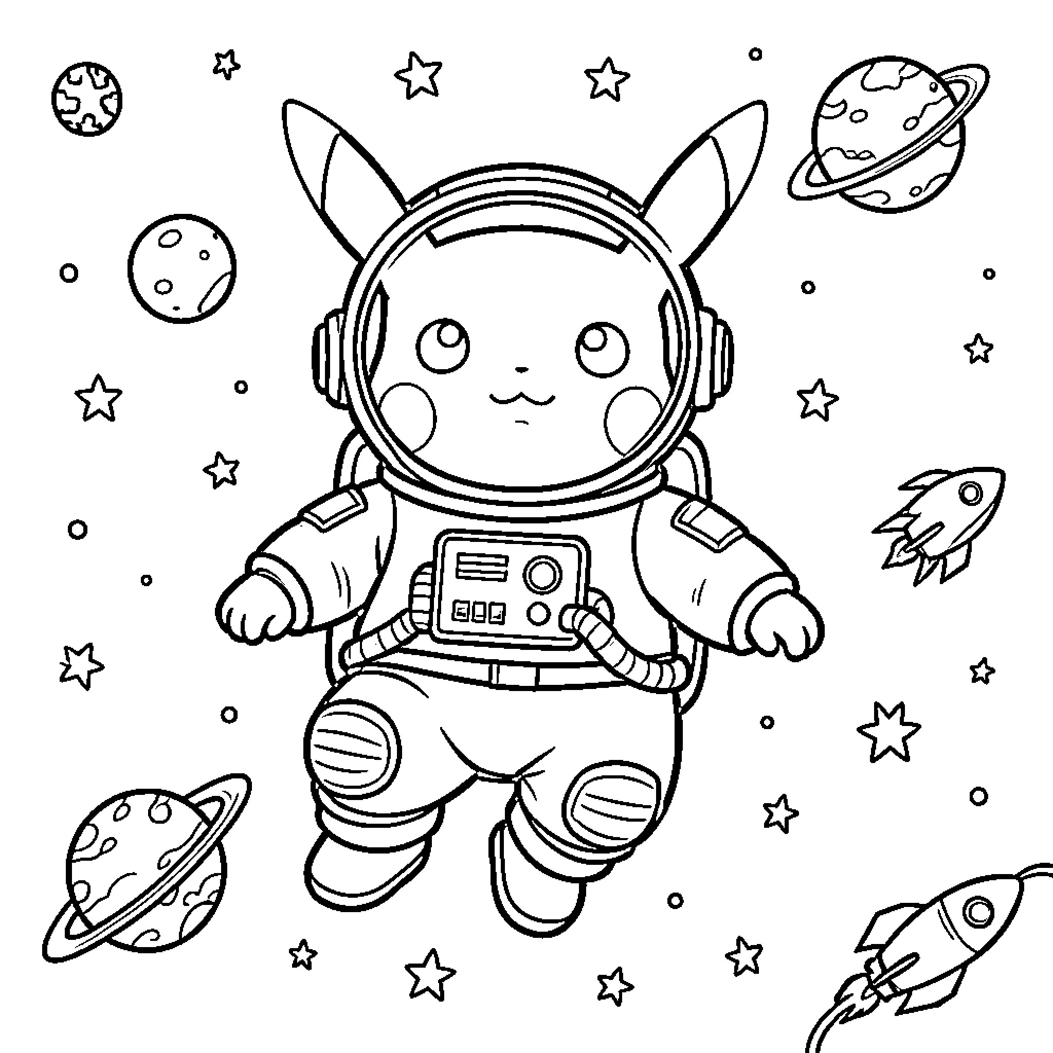 Pikachu wearing an astronaut suit floating in space Coloring Page (free black-and-white line drawing printable PDF for all, from beginners to advanced learners, including children, teens, adults, and seniors)
