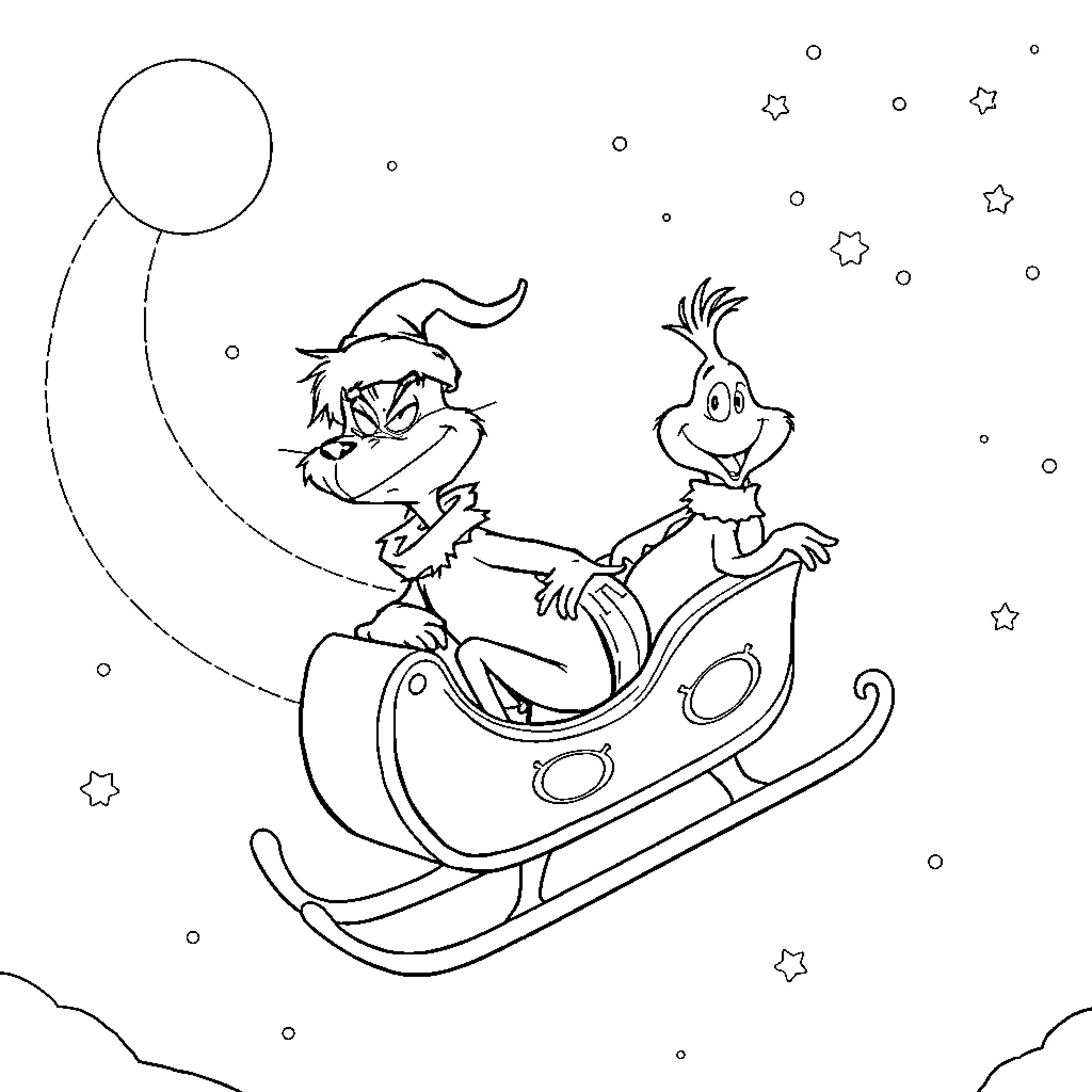 Grinch riding a sleigh with a merry companion Coloring Page (free black-and-white line drawing printable PDF for all, from beginners to advanced learners, including children, teens, adults, and seniors)