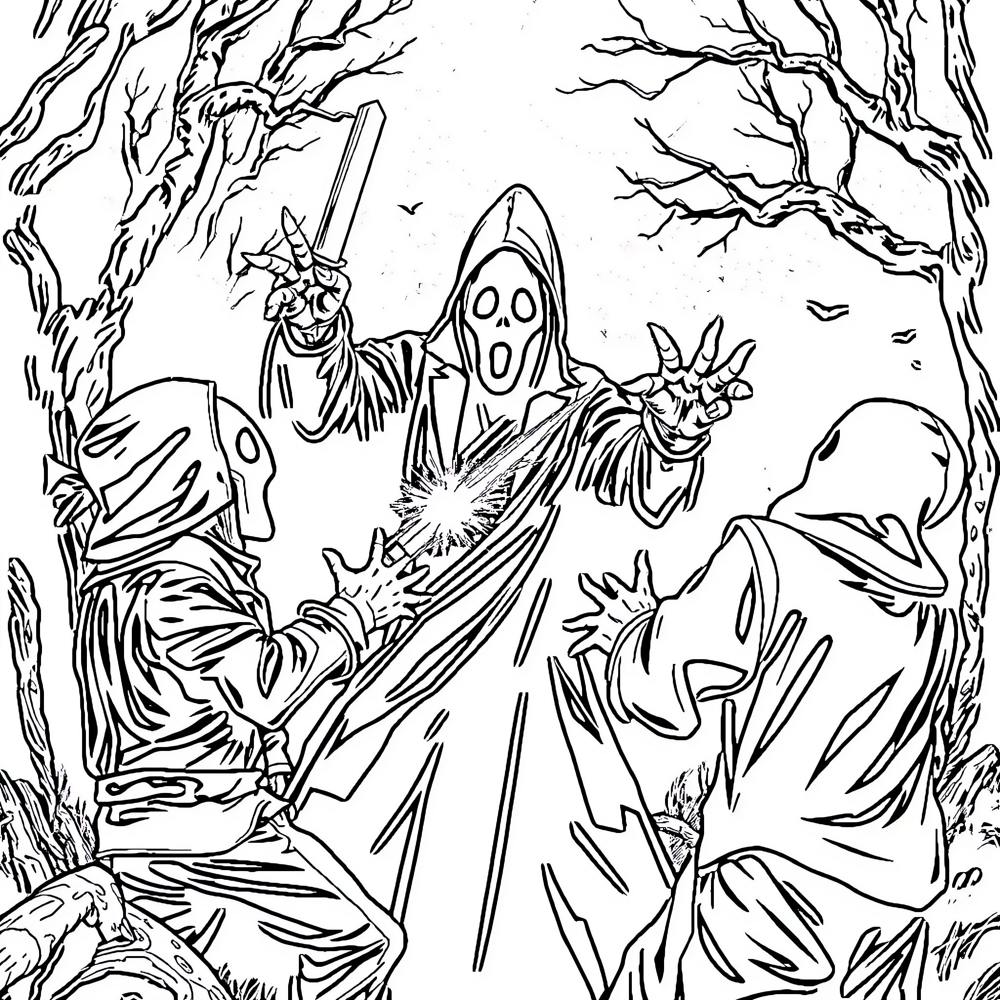 Jeepers Creepers - Spooky Spirits Haunting the Haunted Forest Coloring Page (free black-and-white line drawing printable PDF for all, from beginners to advanced learners, including children, teens, adults, and seniors)