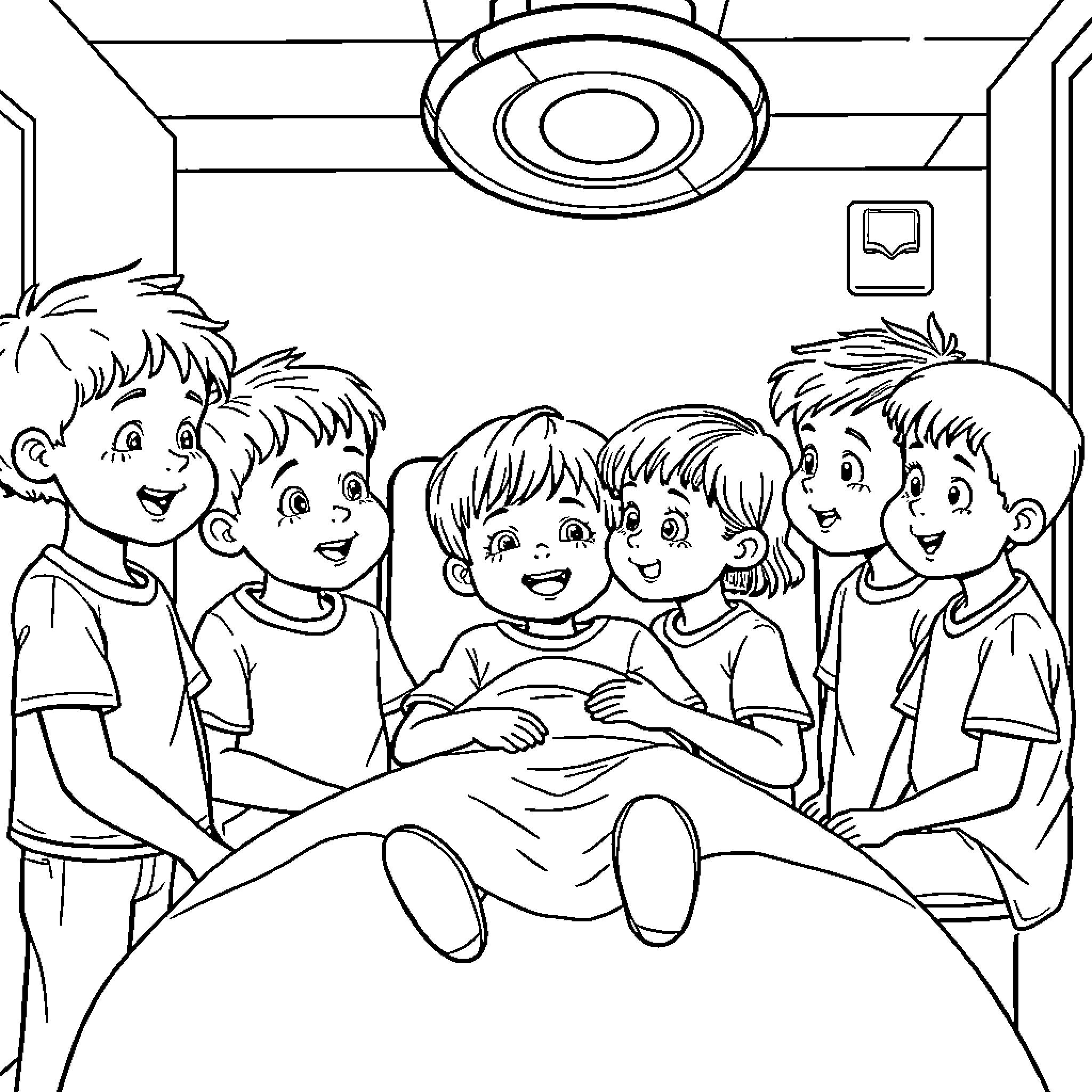 Tonsil Surgery: Children Awaiting Medical Procedure Coloring Page (free black-and-white line drawing printable PDF for all, from beginners to advanced learners, including children, teens, adults, and seniors)