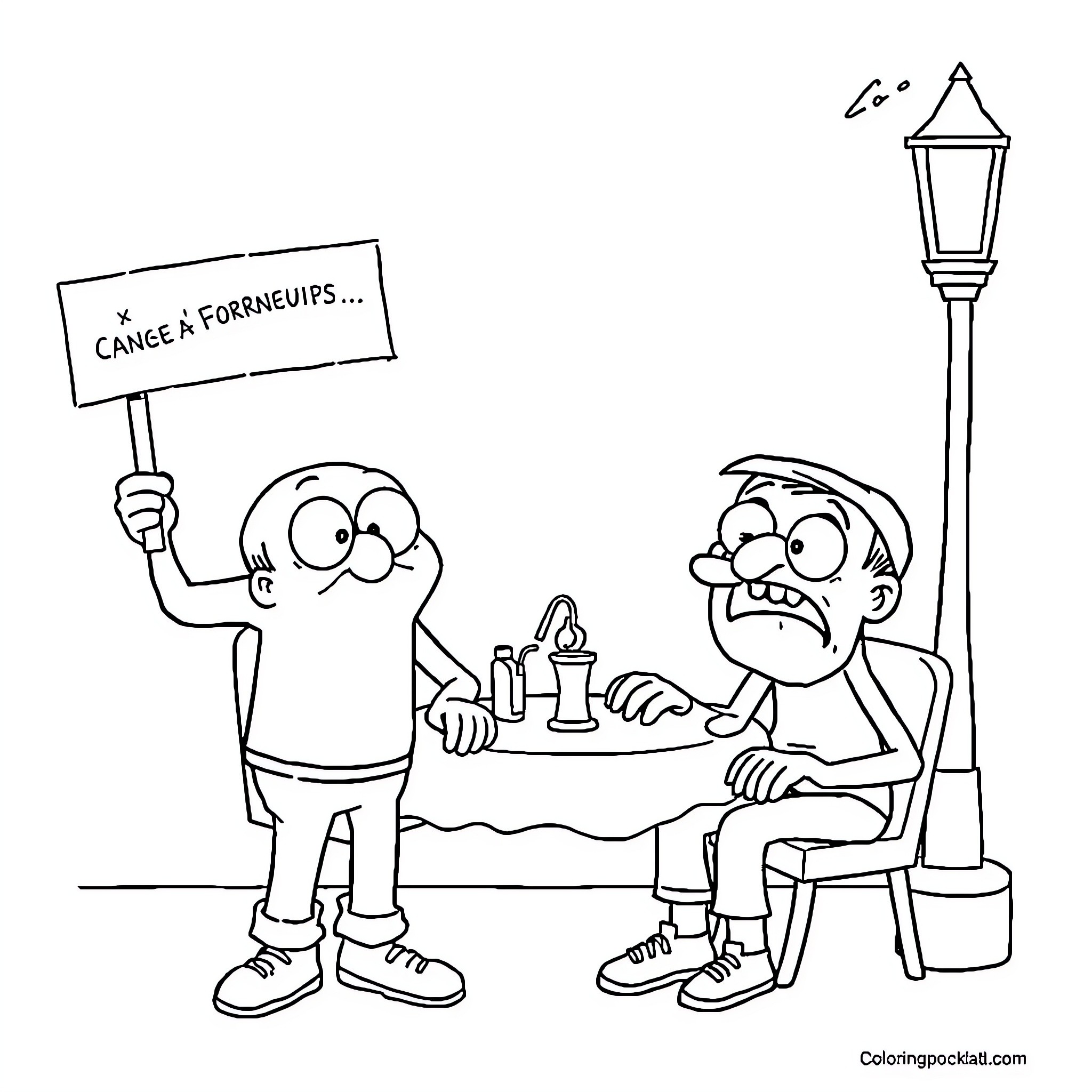 Italian Memes: Two men sharing a drink and sign at the table Coloring Page (free black-and-white line drawing printable PDF for all, from beginners to advanced learners, including children, teens, adults, and seniors)
