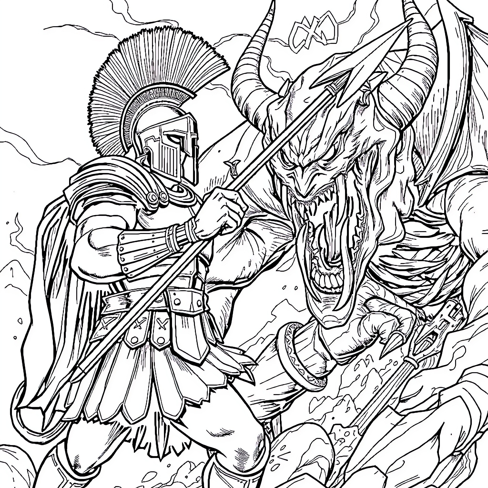 Spartan Warrior Battles Fearsome Mythical Creature Coloring Page (free black-and-white line drawing printable PDF for all, from beginners to advanced learners, including children, teens, adults, and seniors)