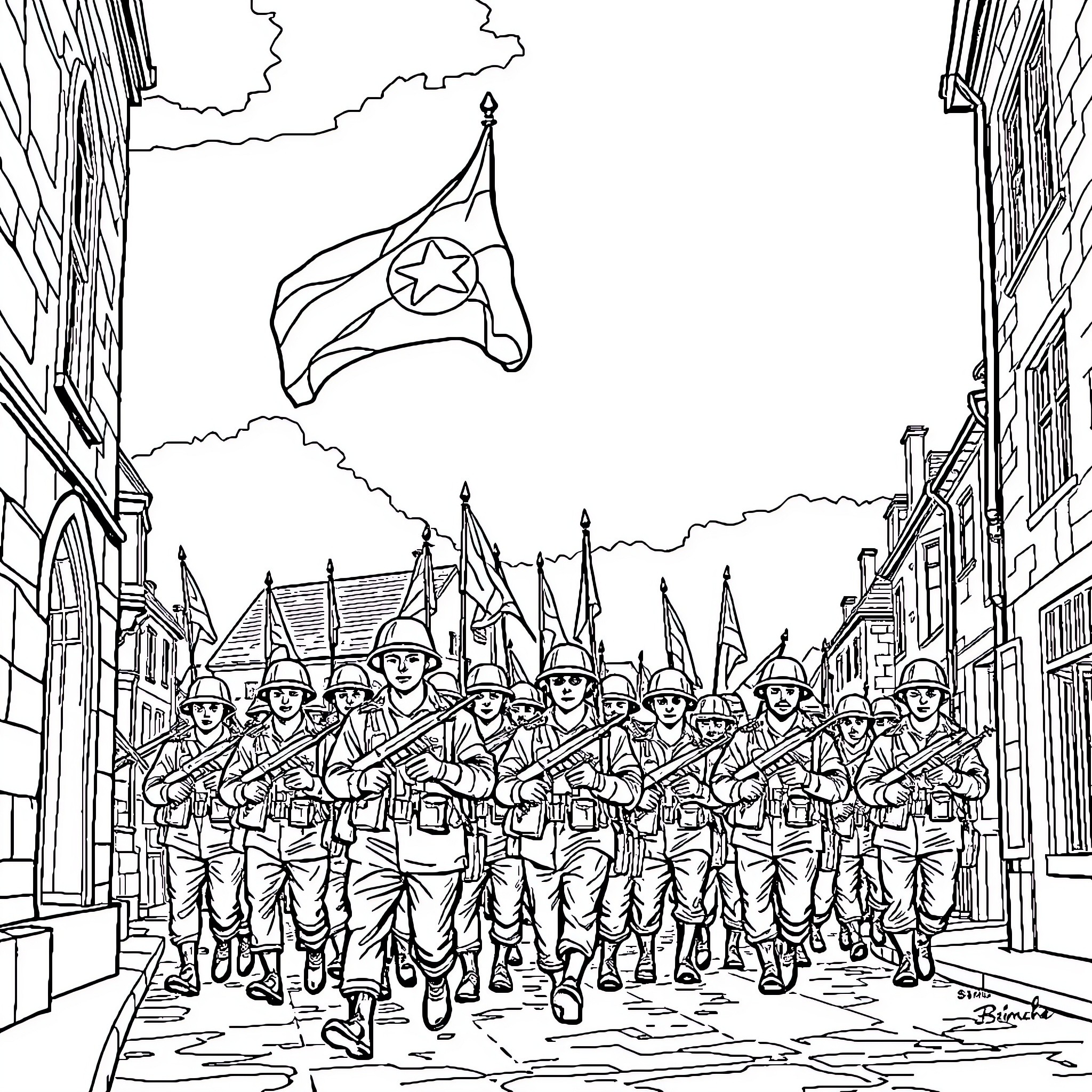 Infantry soldiers marching proudly through the city Coloring Page (free black-and-white line drawing printable PDF for all, from beginners to advanced learners, including children, teens, adults, and seniors)