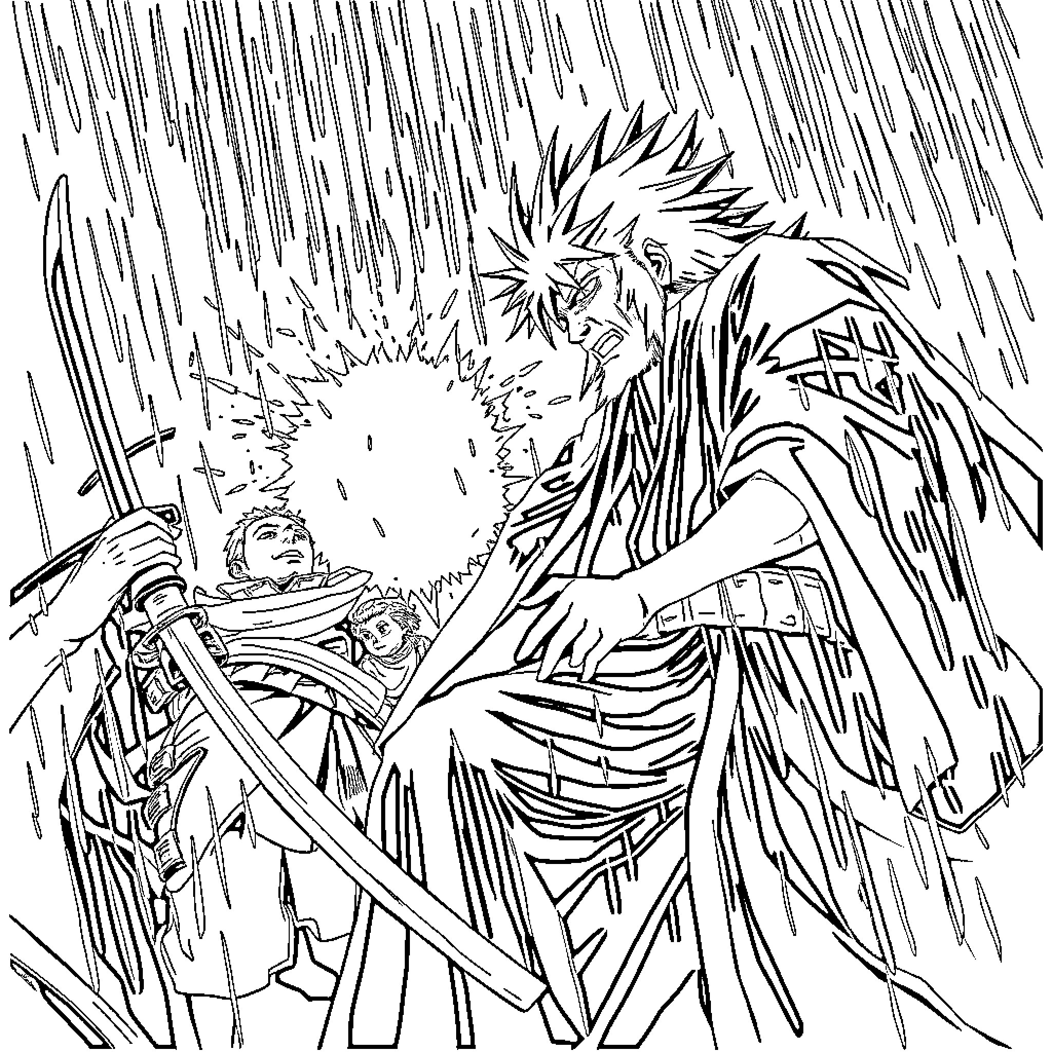 Jiraya's Heroic Battle in the Raging Storm Coloring Page (free black-and-white line drawing printable PDF for all, from beginners to advanced learners, including children, teens, adults, and seniors)