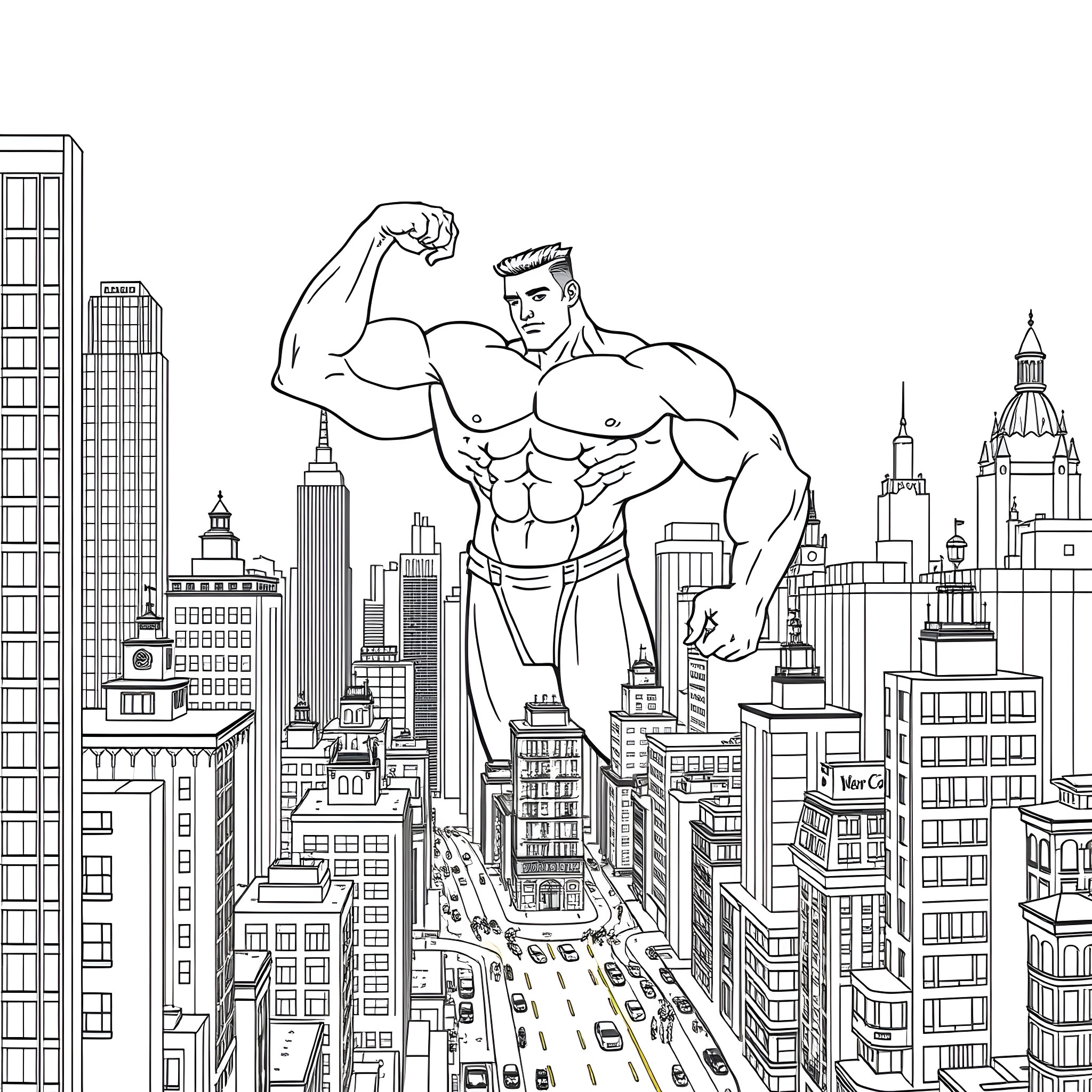 Bodybuilder flexing muscles over the city skyline Coloring Page (free black-and-white line drawing printable PDF for all, from beginners to advanced learners, including children, teens, adults, and seniors)