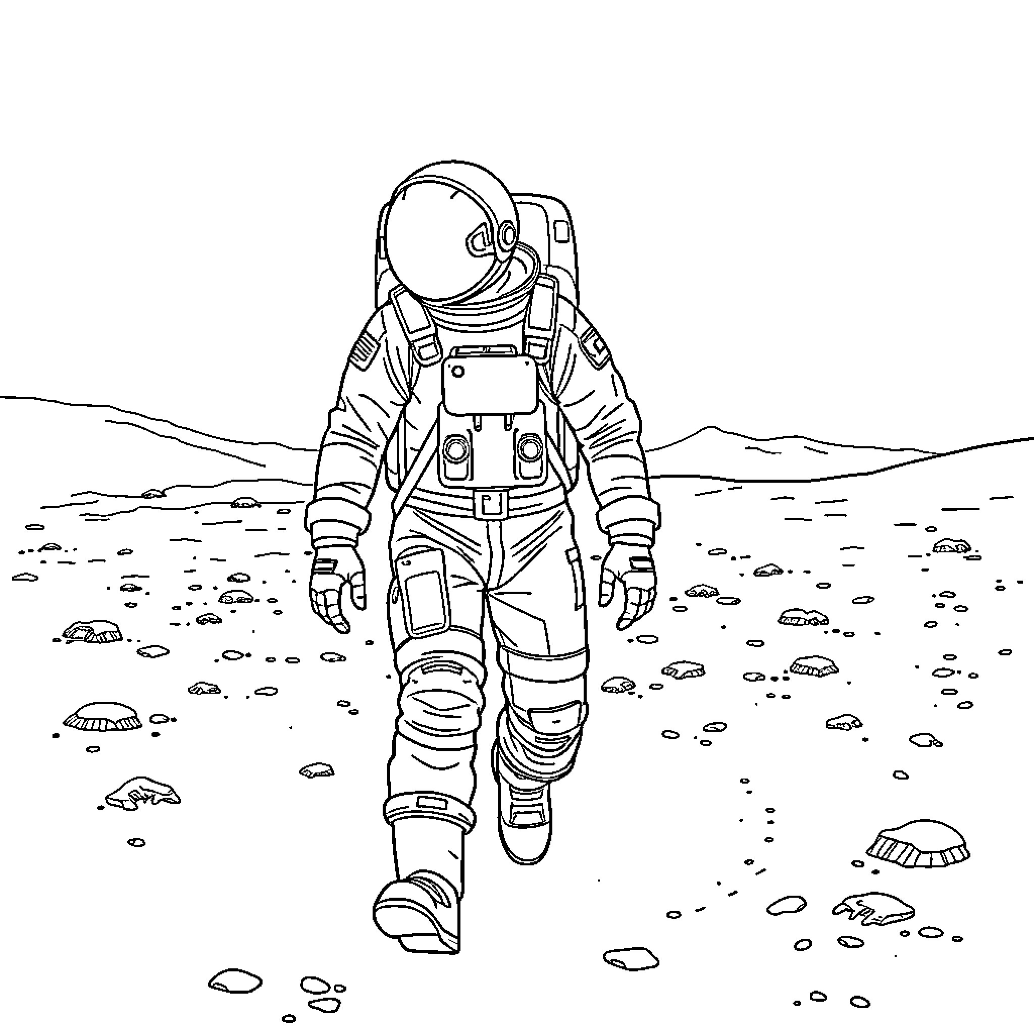 Mason Mount exploring the lunar landscape in astronaut gear Coloring Page (free black-and-white line drawing printable PDF for all, from beginners to advanced learners, including children, teens, adults, and seniors)