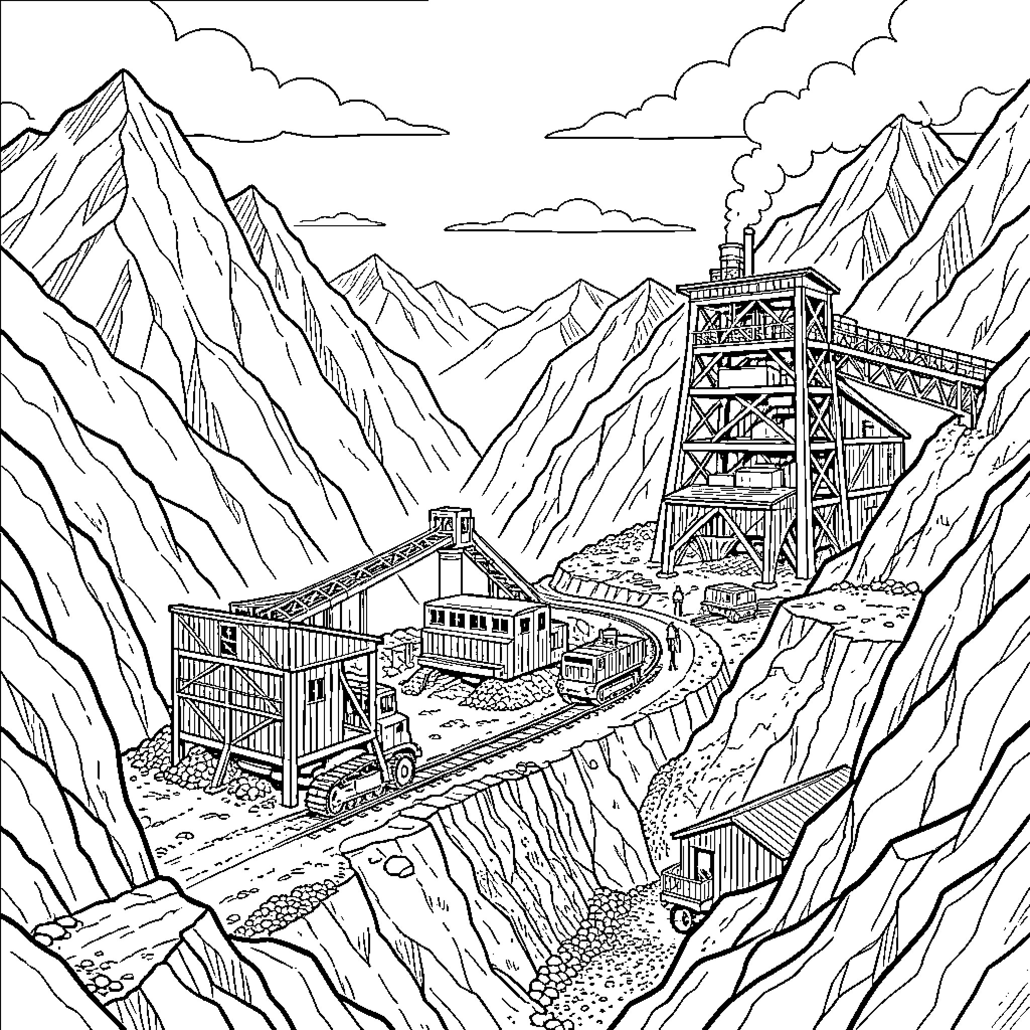 Coal Mine Workers Toiling in Mountainous Terrain Coloring Page (free black-and-white line drawing printable PDF for all, from beginners to advanced learners, including children, teens, adults, and seniors)