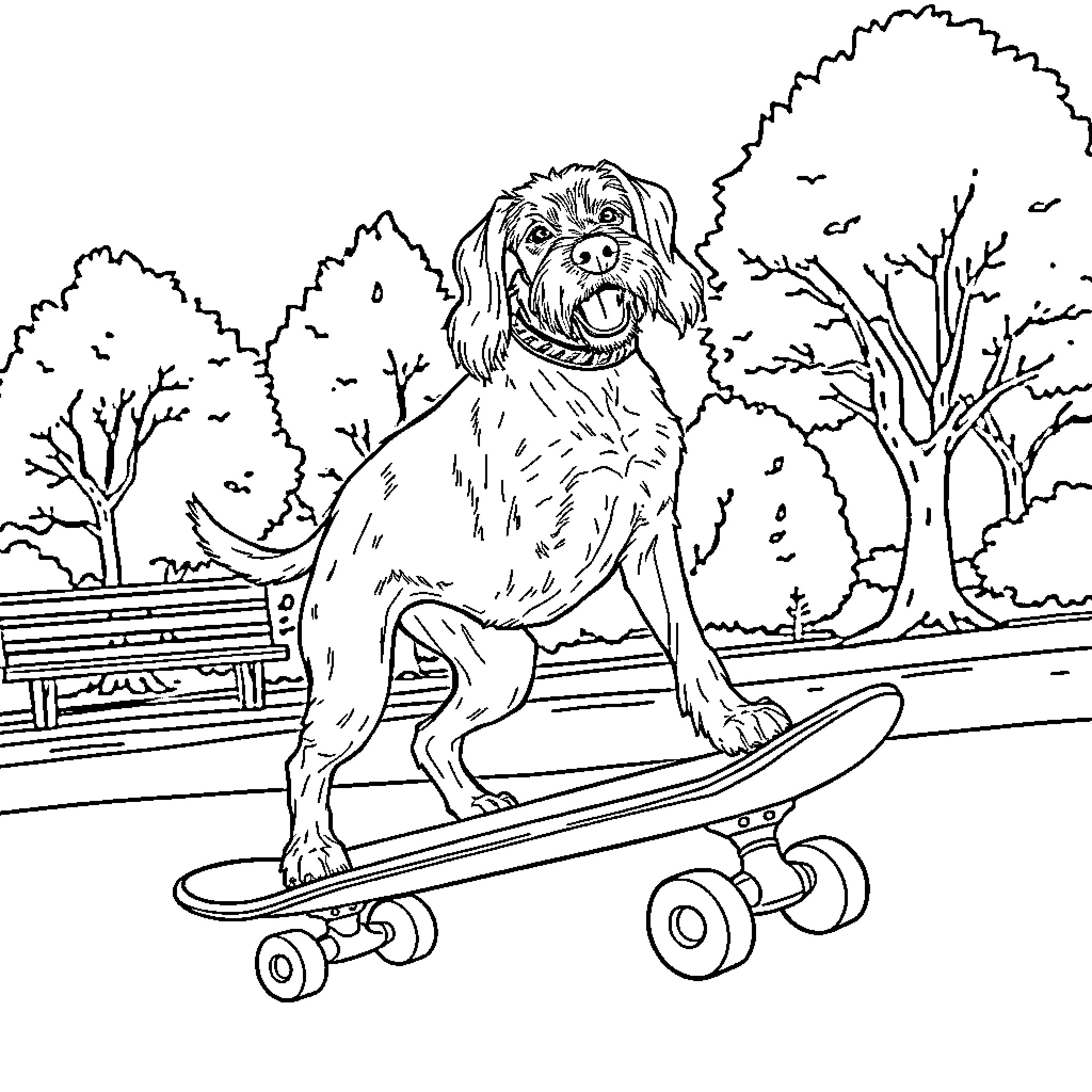 Vizsla riding a skateboard in the park Coloring Page (free black-and-white line drawing printable PDF for all, from beginners to advanced learners, including children, teens, adults, and seniors)