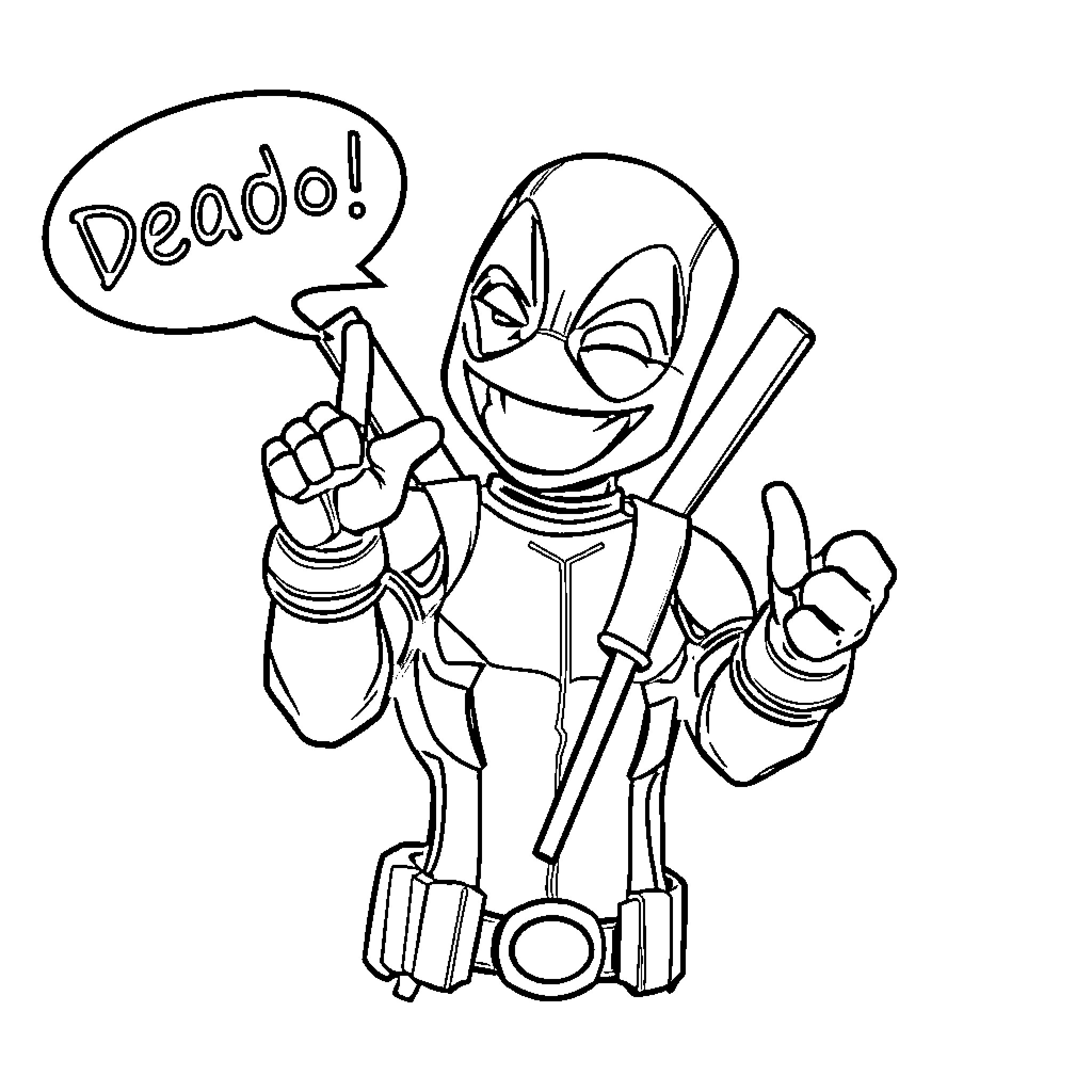 Deadpool Striking a Silly Pose Coloring Page (free black-and-white line drawing printable PDF for all, from beginners to advanced learners, including children, teens, adults, and seniors)