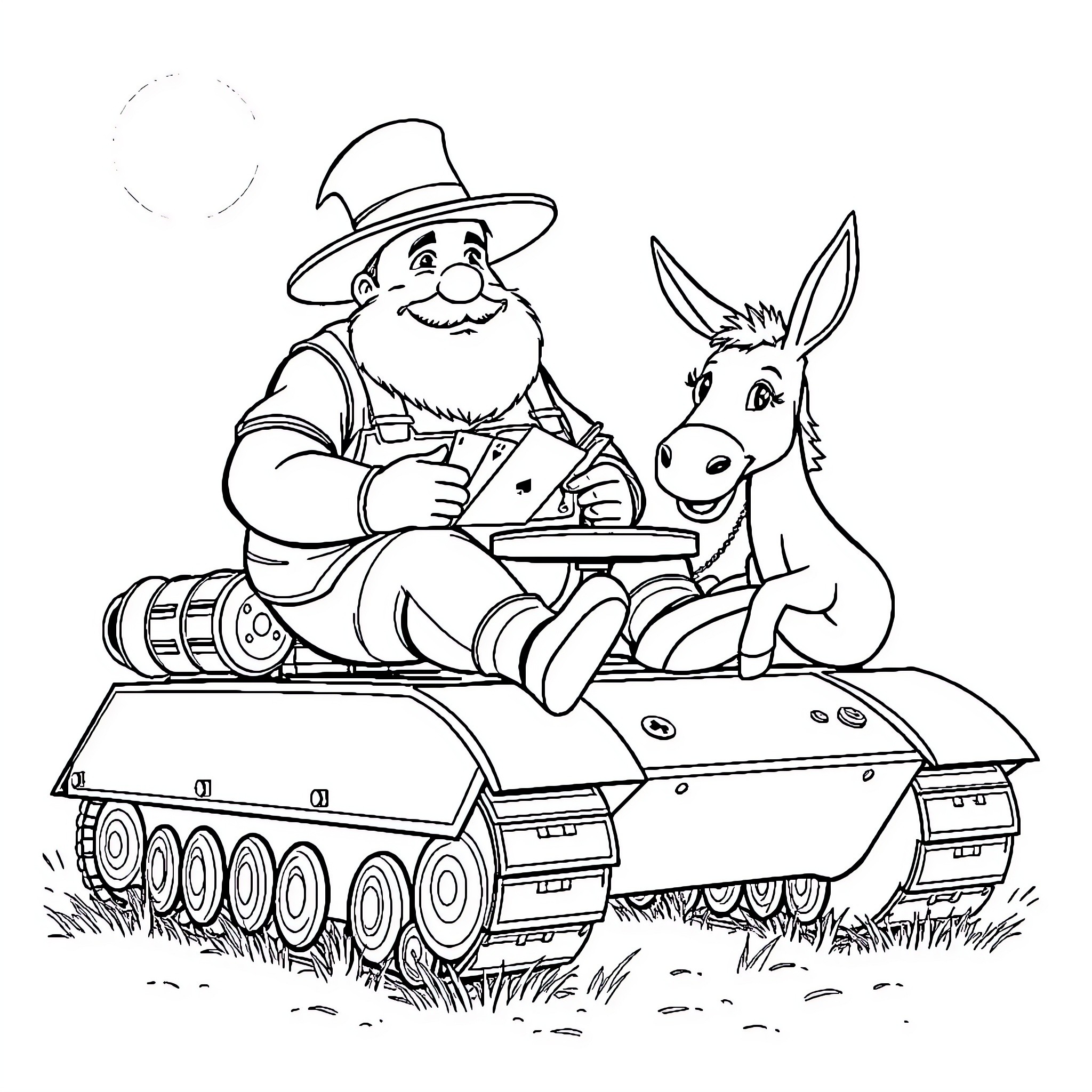 Man riding on a tank with a donkey Coloring Page (free black-and-white line drawing printable PDF for all, from beginners to advanced learners, including children, teens, adults, and seniors)
