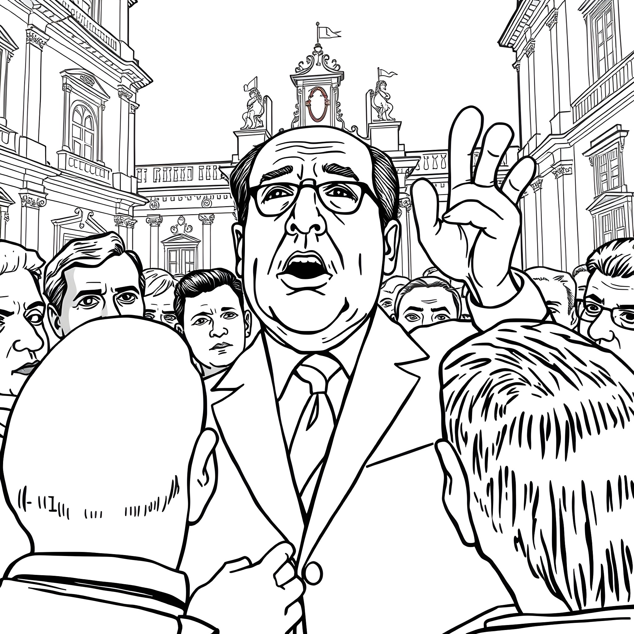 Silvio Berlusconi addressing a crowd in front of a historic building Coloring Page (free black-and-white line drawing printable PDF for all, from beginners to advanced learners, including children, teens, adults, and seniors)