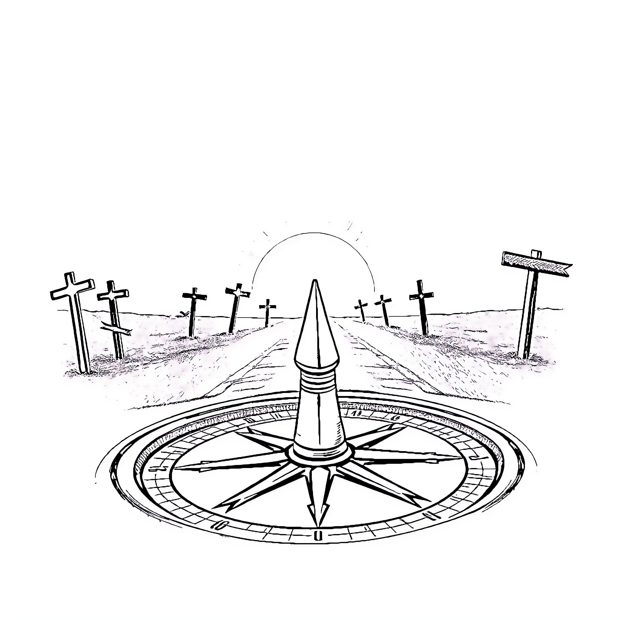 Compass leading through a path of crosses Coloring Page (free black-and-white line drawing printable PDF for all, from beginners to advanced learners, including children, teens, adults, and seniors)