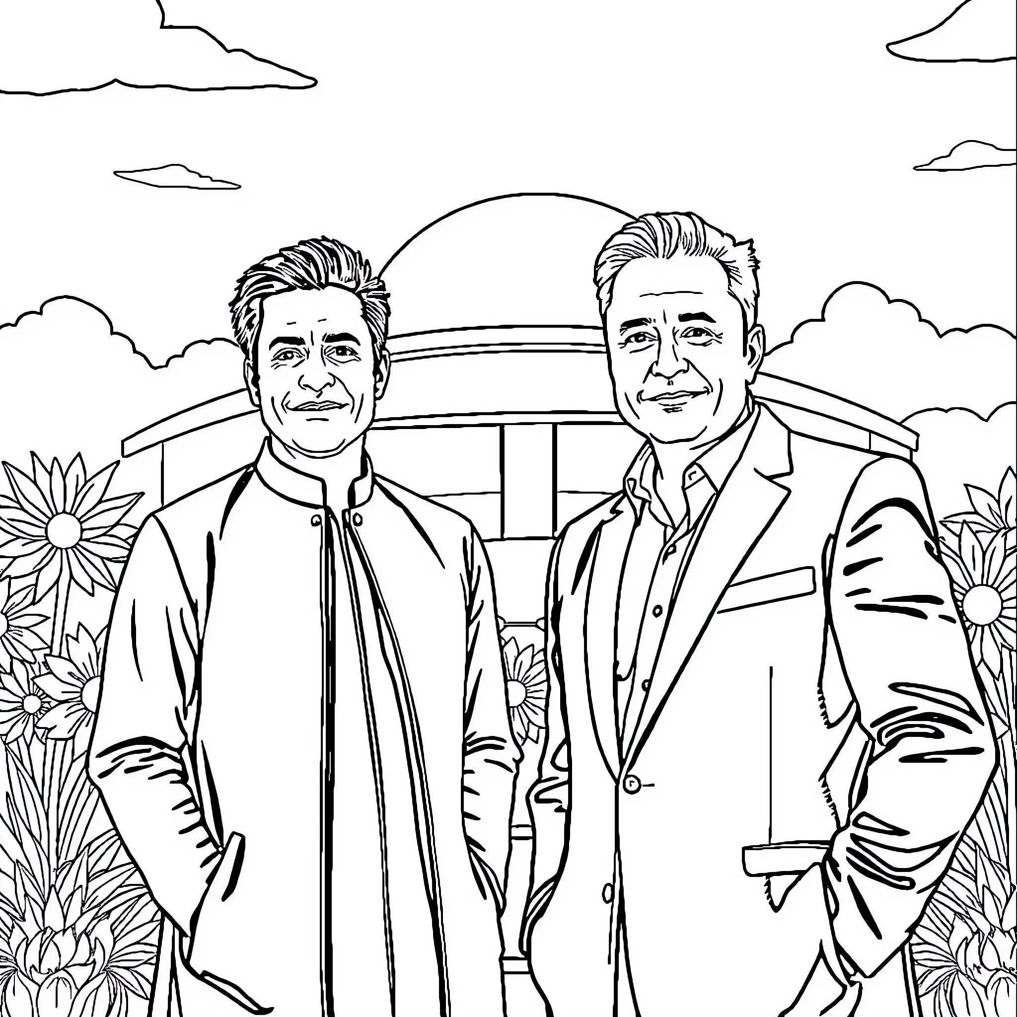 Imran Khan and companion in formal attire Coloring Page (free black-and-white line drawing printable PDF for all, from beginners to advanced learners, including children, teens, adults, and seniors)
